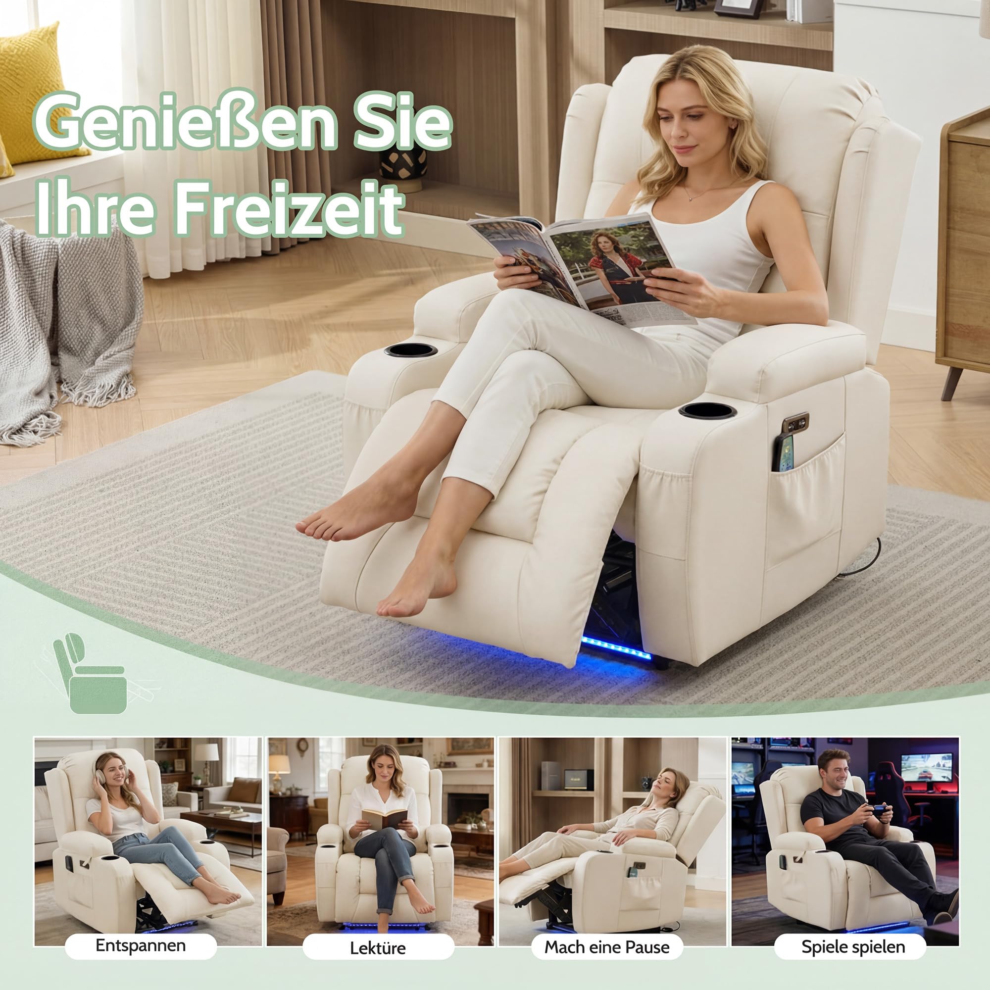 Relaxsessel mit Massage und Heizfunktion, Fernsehsessel Elektrisch Verstellbar, TV Sessel mit USB-Anschlüsse, Getränkehalter, Seitentaschen, Kunstleder (Cremeweiß)
