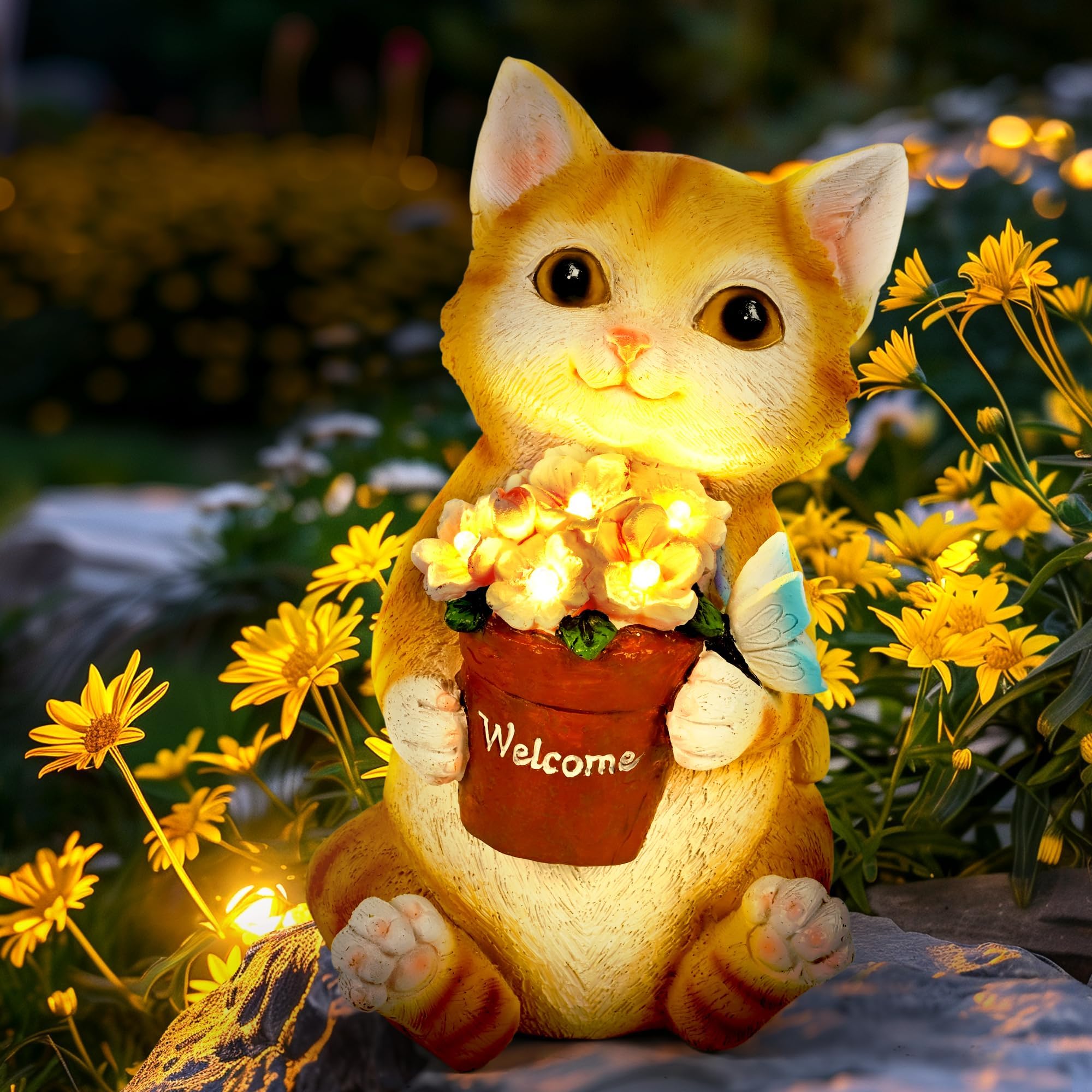 Solar Garden Decor Flower Pot Cat Statues Outdoor,Decorations for Patio, Balcony, Backyard, Lawn Ornaments - Cat Statue with Flower Pot- Unique Cat Lover Gifts for Mom, Grandma, Women - 2