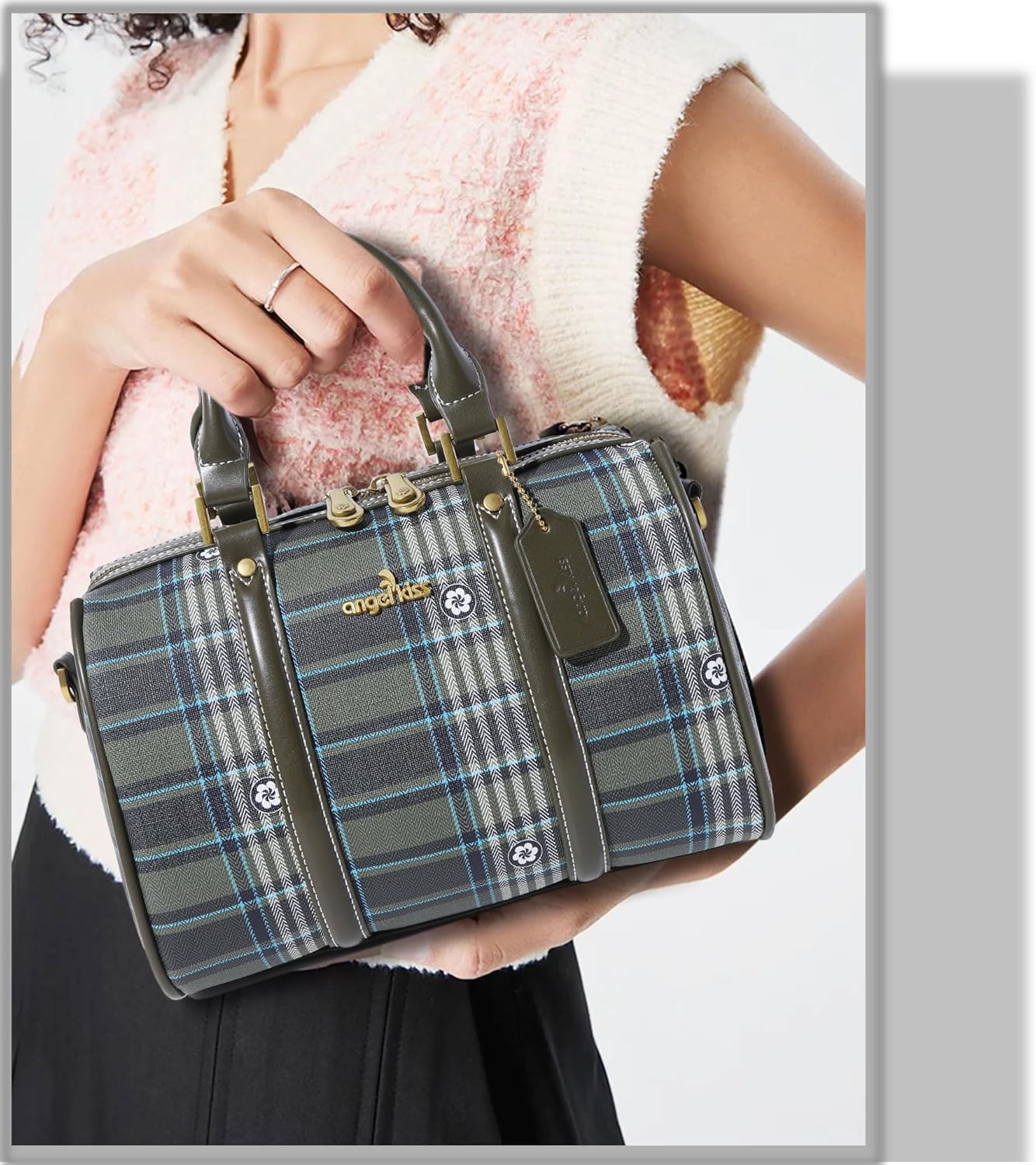 Angel Kiss Women Satchel Purses and Handbags Vegan Leather Boston Barrel Bag Top Handle Shoulder Purse with Crossbody Strap | Vegan Leather, Top Handle, Crossbody Strap - Image 2