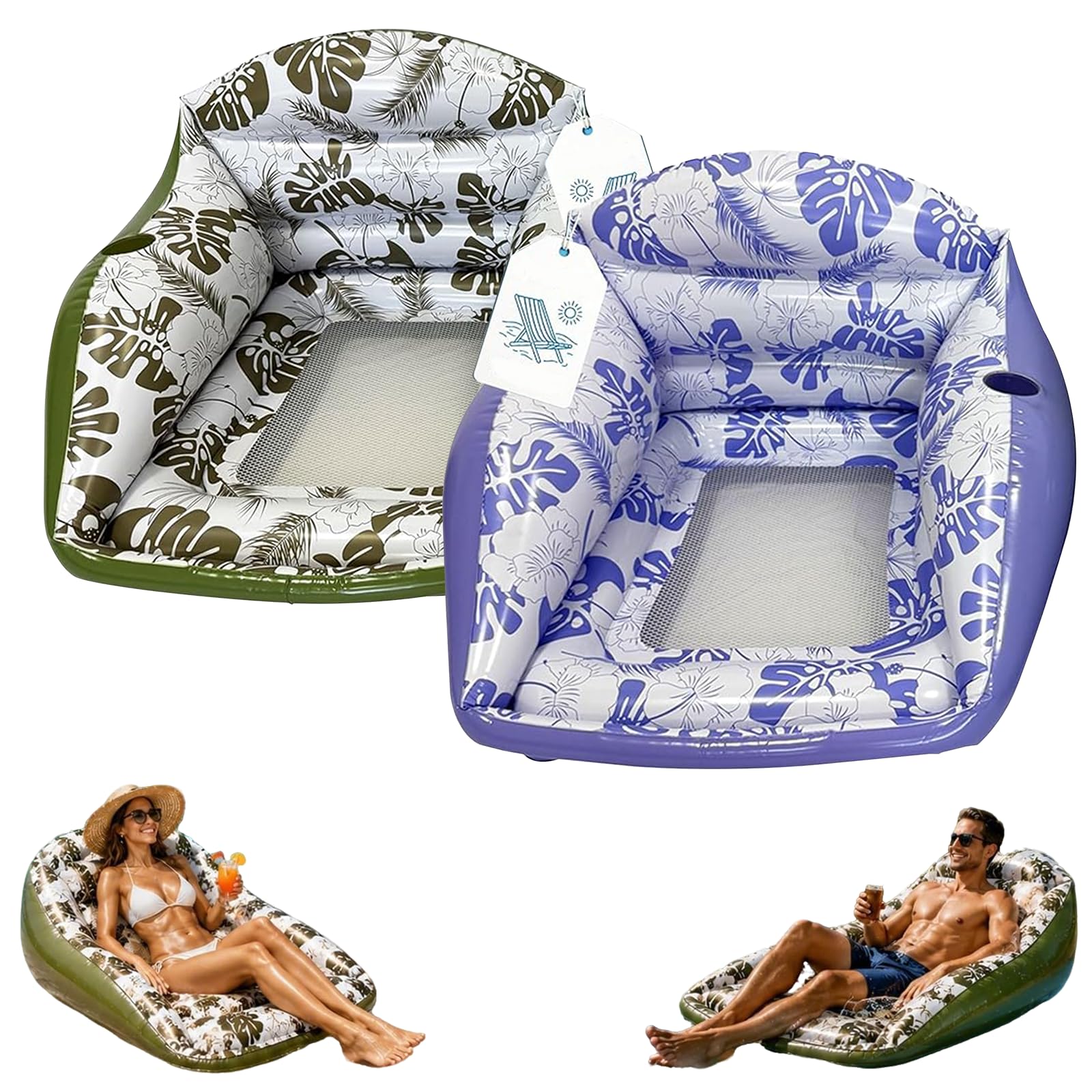 Aufblasbarer Pool Sessel, Wasserhängematte Aufblasbares, Wasserspielzeug Luftmatratze Wasser, Ergonomischer Pool Sitz mit Netzbezug & Getränkehalter,Pool Zubehör Spaß