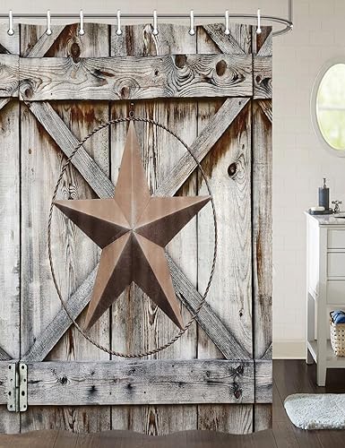 Miniatura 2 de JAWO Cortina de ducha para puerta de granero occidental, estrella del oeste de Texas en tablero de madera rústica, juego de cortina de ducha de