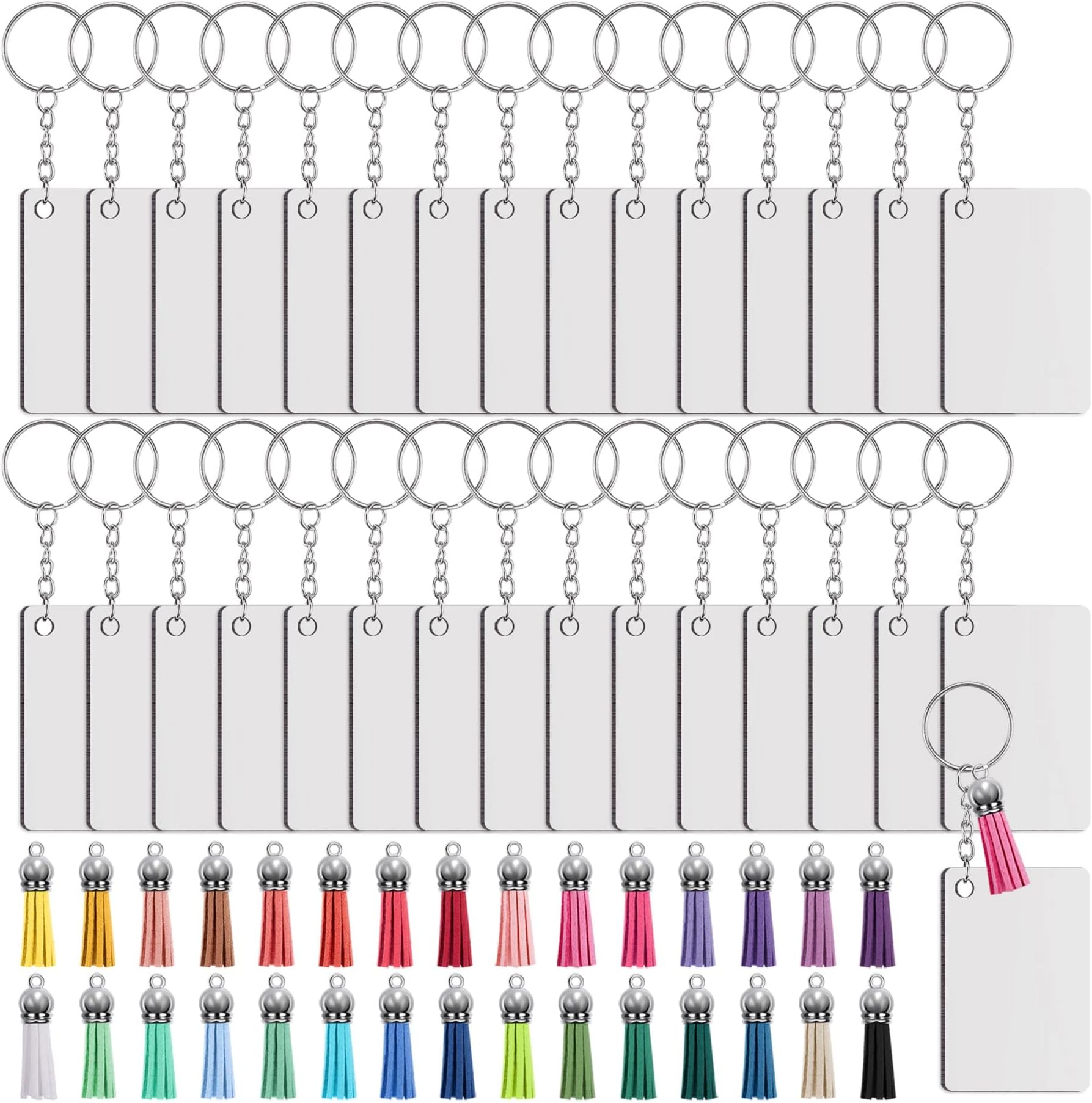 Duufin 120 Pcs Sublimation Keyring Blanks Tassels Set with Rectangle Heat Transfer MDF Blanks Tassels Keyring with Chain Jump Ring for Craft DIY Keychain, Double-Sided