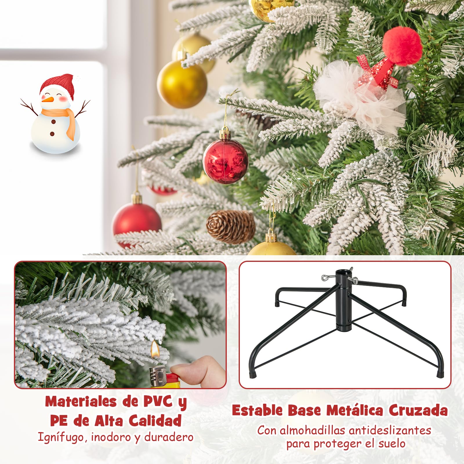 COSTWAY Árbol de Navidad Nevado 225 cm, Arbol de Navidad con Luces Incorporadas, 470 Luces LED Blanco Cálido, 81 Piñas, 1135 Ramas de PE y PVC, Arvore de Natal Hogar Oficina Fiesta (225cm)