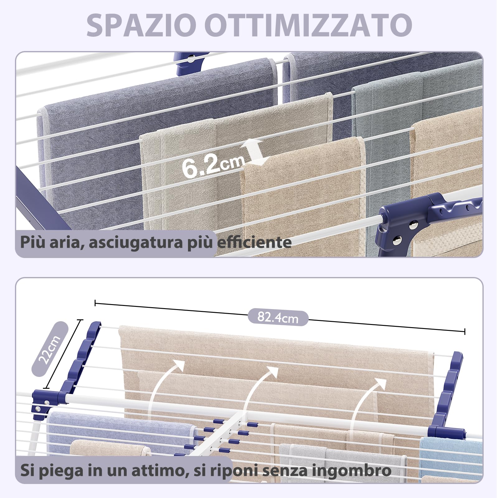 SYKIARIOL Stendibiancheria da Pavimento 22 m XXL - Stendino Salvaspazio - Pieghevole ed Estensibile per Interno/Esterno - Con 10 Clip e Borsa Portatile