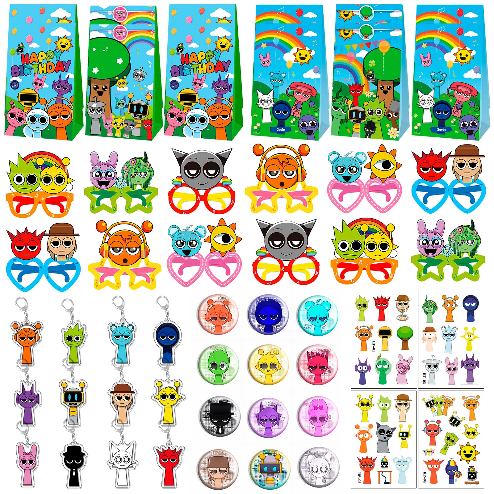 60Pcs Birthday Party Supplies Set - Included12 Pins,12 Keychains,12 gift bags,12 Pcs Temporary Tattoos Stickers,12 Eyeglass,Perfect Party Supplies for