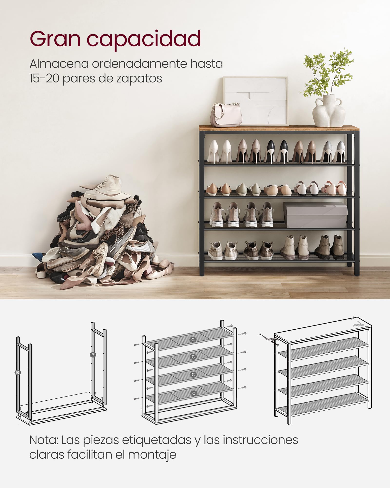 VASAGLE Zapatero, Organizador de Almacenamiento de Zapatos con 4 Estantes de Malla y Gran Superficie para Bolsas, para Entrada, Vestíbulo, Armario, Metal, Industrial, Marrón Rústico y Negro LBS15BX