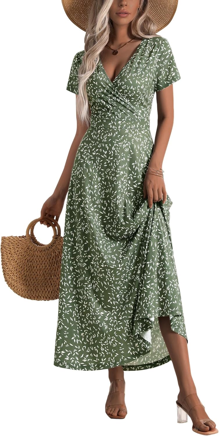HUHOT Women's Short Sleeve Wrap V Neck Dresses for Wedding Guest Summer Floral Maxi Sundresses with Pockets Boho Dress