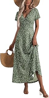 Women's Short Sleeve Wrap V Neck Dresses for Wedding Guest Summer Floral Maxi Sundresses with Pockets Boho Dress - Buy now