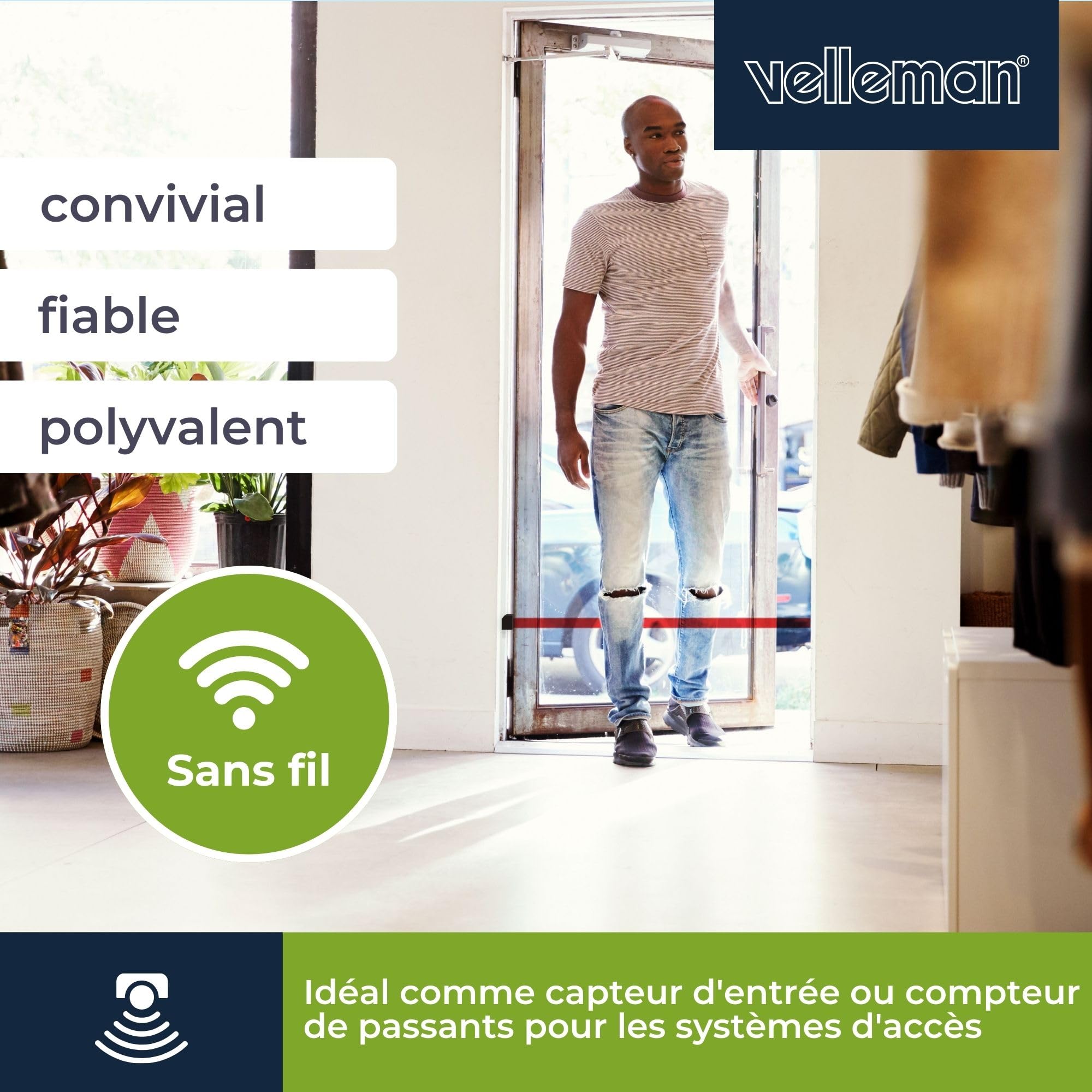 Velleman Barrière Infrarouge sans Fil détecteur de Mouvement, portée 7 m, IP44 intérieur extérieur, 12 V, portée sans Fil 100 m, Alarme et Carillon