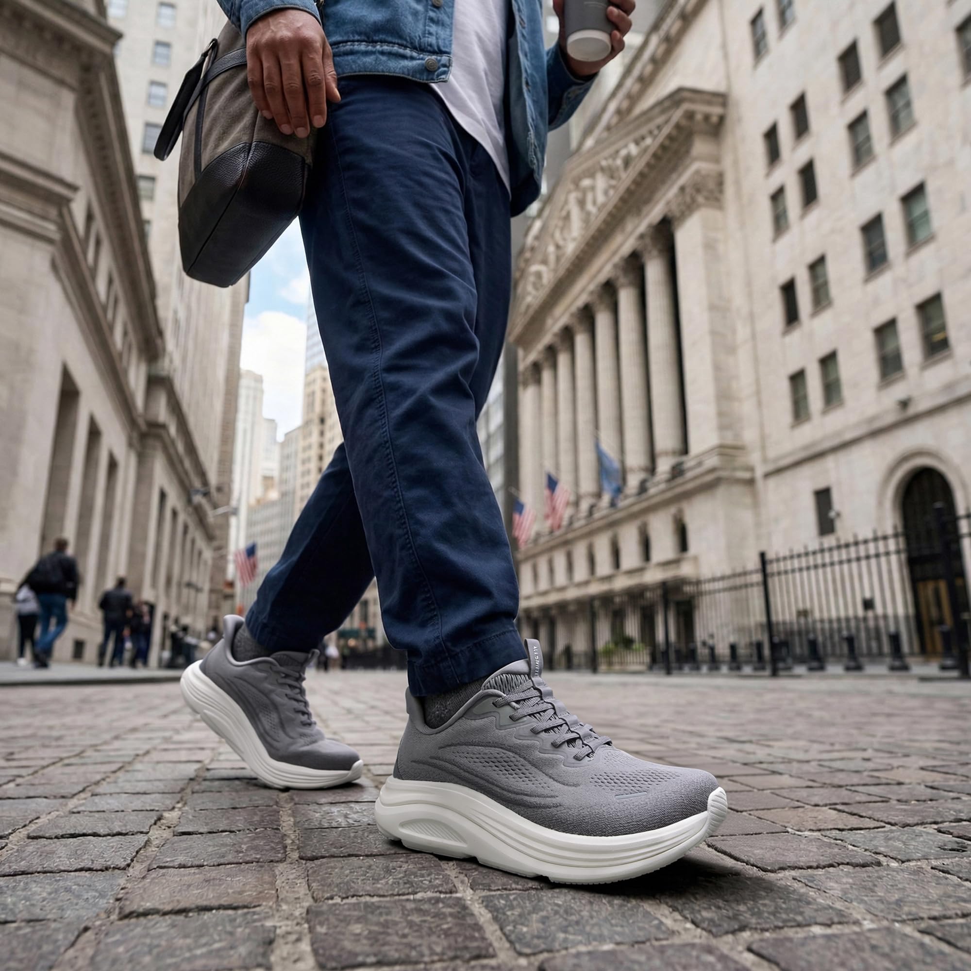 ALLSWIFIT Zapatos deportivos para hombre, sin cordones, con puntera ancha, para caminar, con cojín para correr, tenis, soporte para el arco, gimnasio, entrenamiento, atlético, a la moda, Gris, 41.5 EU