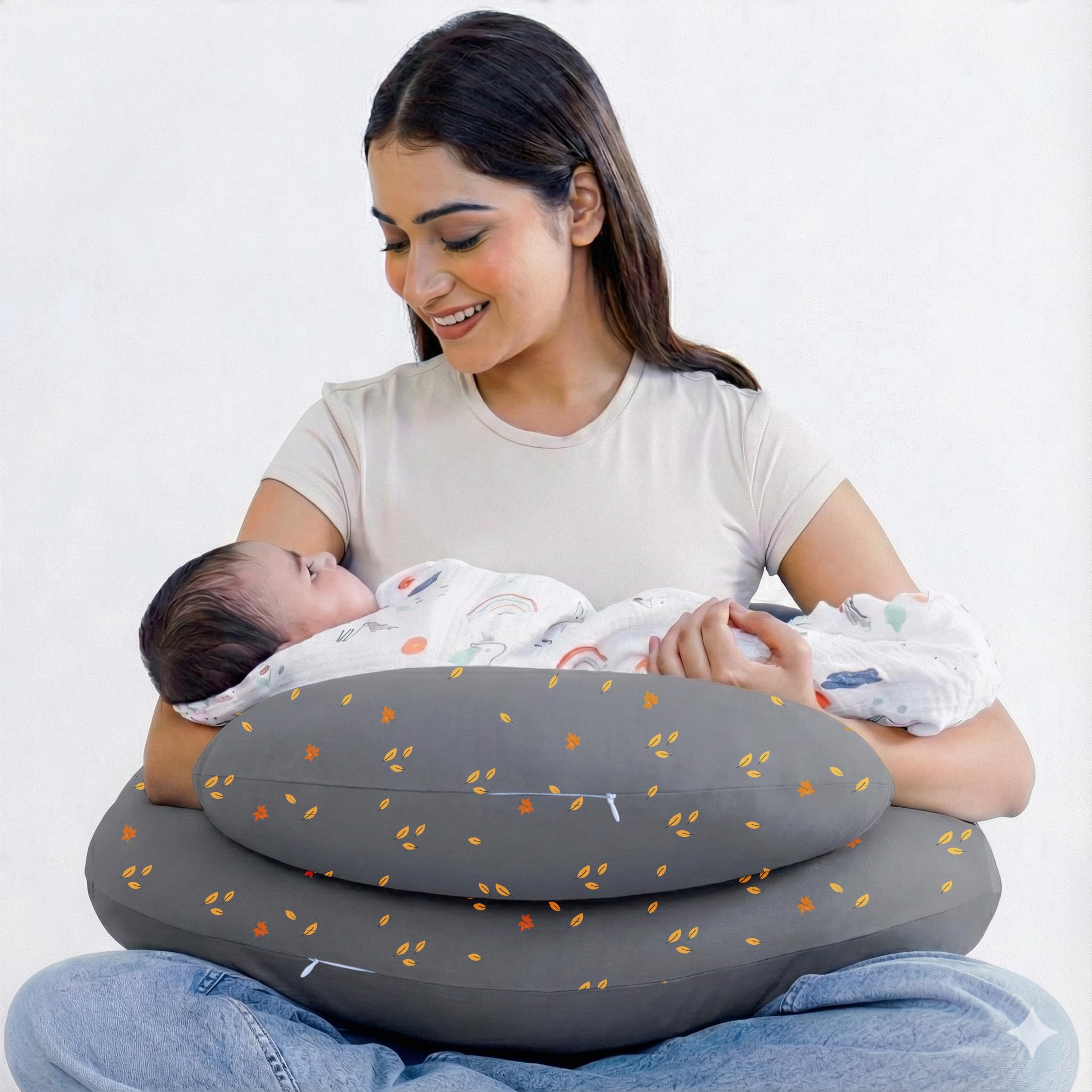 Cherilo Feeding Pillow for New Born Baby, Nursing Pillow for Breastfeeding with Security Fence Design for Extra Baby Support, Adjustable Waist Belt | Premium Cotton Fabric, Grey Leaf-image-6