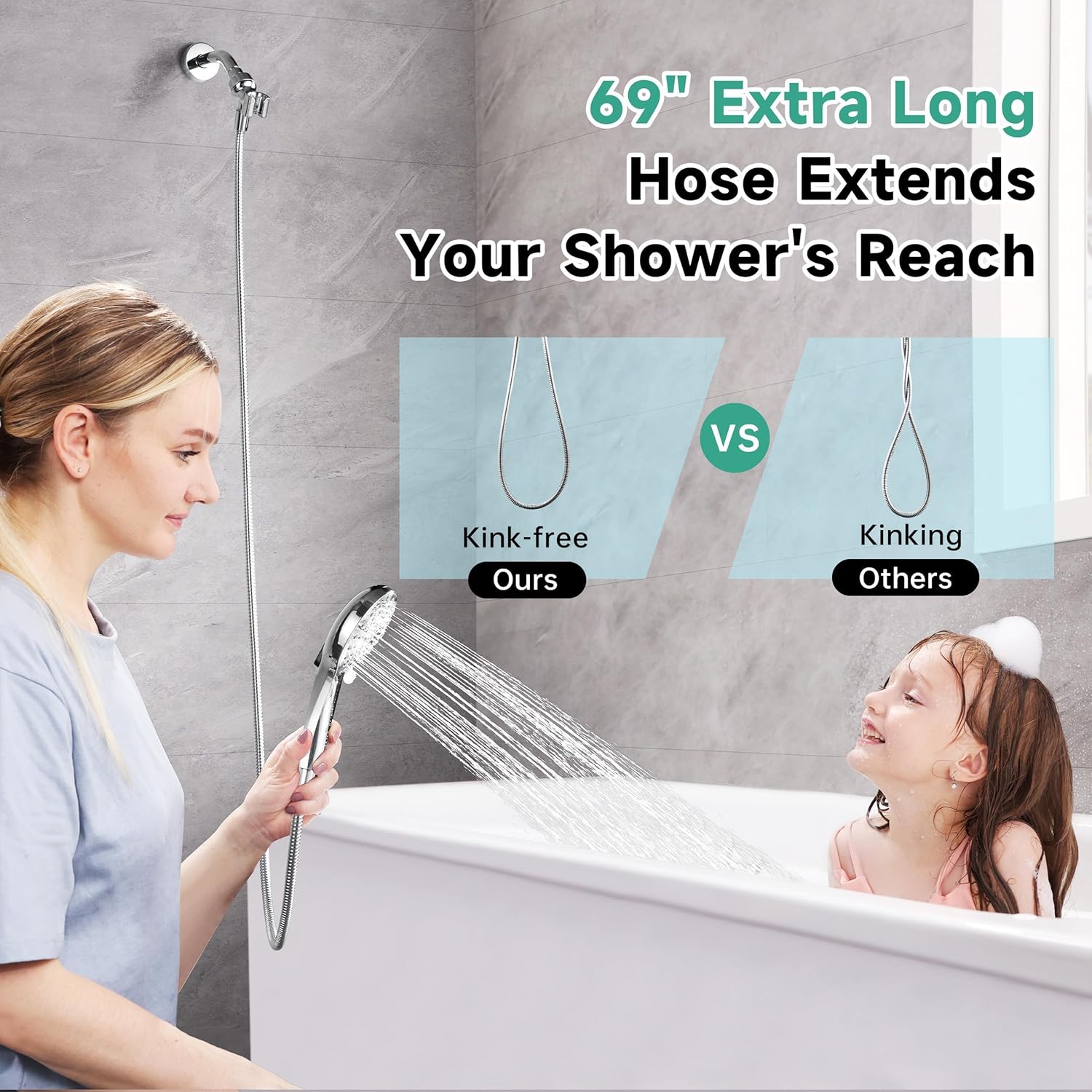 BRIGHT SHOWERS High Pressure Shower Head with Handheld, 9 Spray Settings Showerhead Built in Power Wash to Clean Tub and Pets, Extra Long 69" Hose, Adjustable Bracket, Chrome