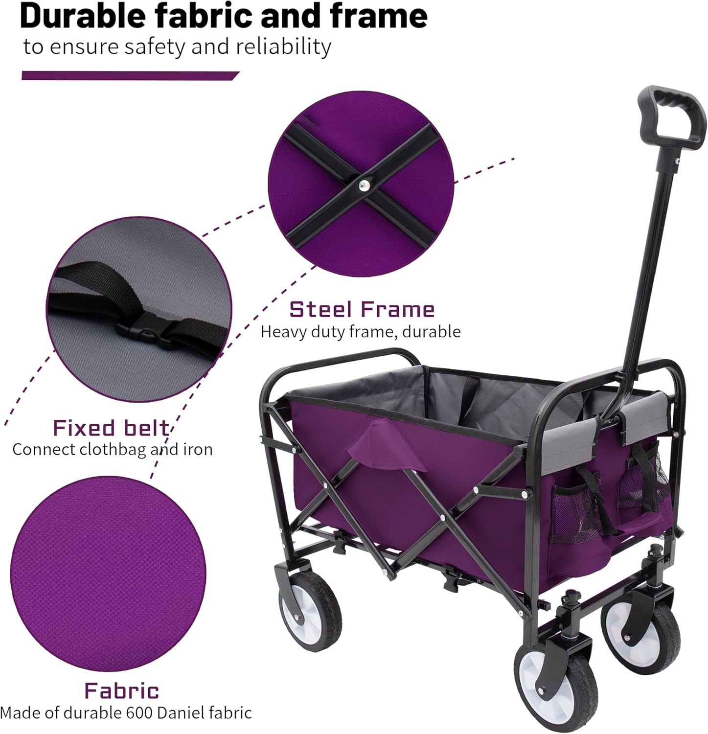 Purple Wagons Carts Foldable with Wheels - Collapsible Beach Wagon Cart Folding Utility Grocery Garden Cart 220 lbs Capacity with Big Wheels for Sand,Beach,Garden,Shopping Sport Outdoor Camping