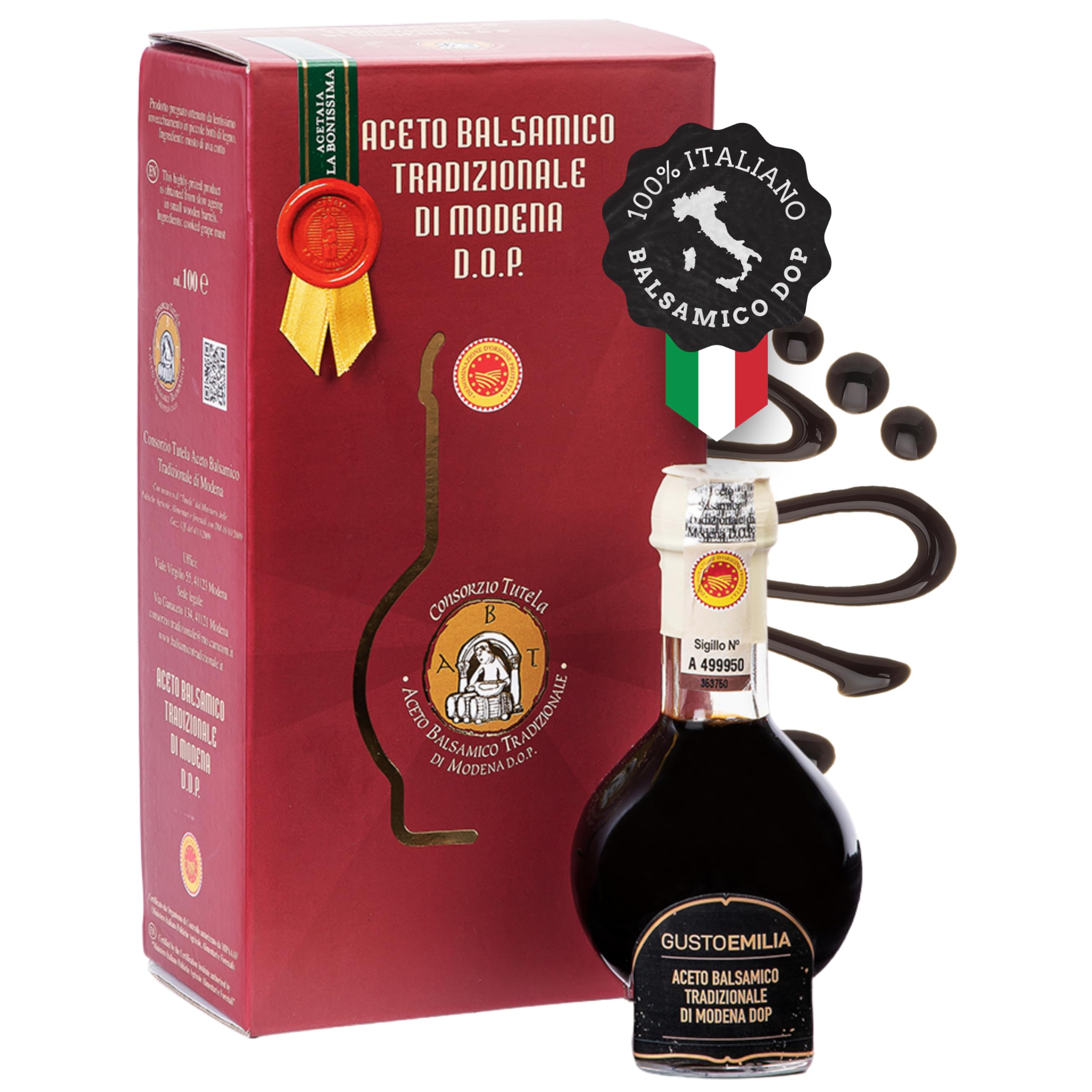 GUSTOEMILIA Vinagre Balsámico Tradicional de Módena IGP, Envejecido 12 Años - Italiano - Maridaje Perfecto con Parmigiano Reggiano - 3.38 Fl Oz (100ml)