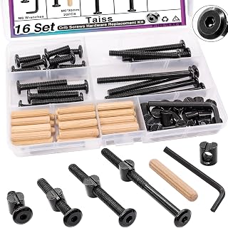 Taiss 16 Set Crib Screws M6x20mm/ 40mm/ 60mm/ 80mm Baby Bed Crib Bolts Hardware Replacement Kit,Hex Socket Cap Screws Bolt,Barrel Nuts&Dowel Pins for Beds Furniture