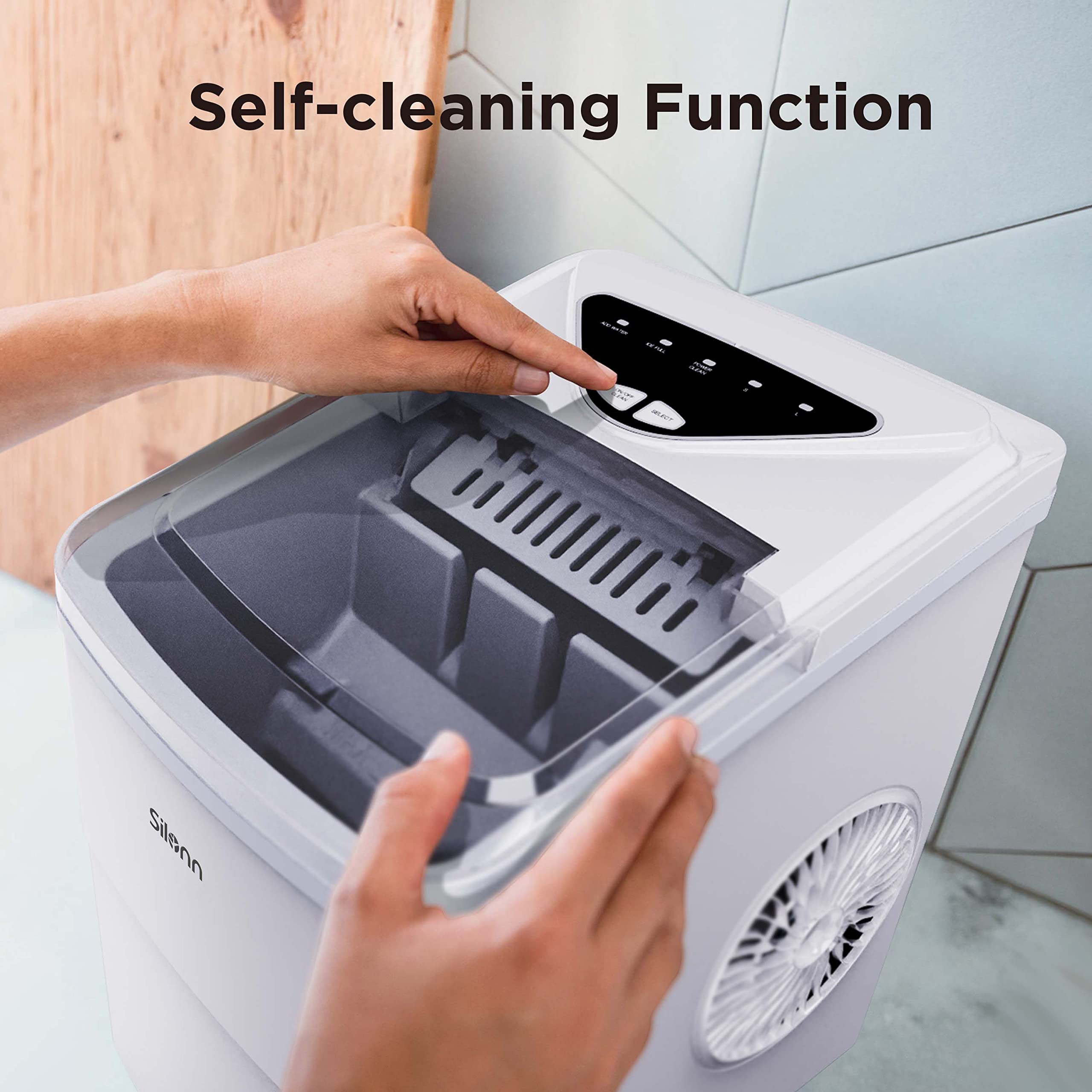 Silonn Ice Makers Countertop, 9 Cubes Ready In 6 Mins, Self-Cleaning Ice Machine With Ice Scoop And Basket, 26lbs In 24hrs, 2 Sizes Of Bullet Ice For Home Kitchen Office Bar Party, White on Fridge.com - View 6