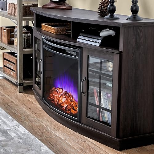 Miniatura 4 de AMERLIFE Soporte curvado para TV con chimenea eléctrica curvada de 26 pulgadas, centro de entretenimiento multimedia, gabinete de almacenamiento de