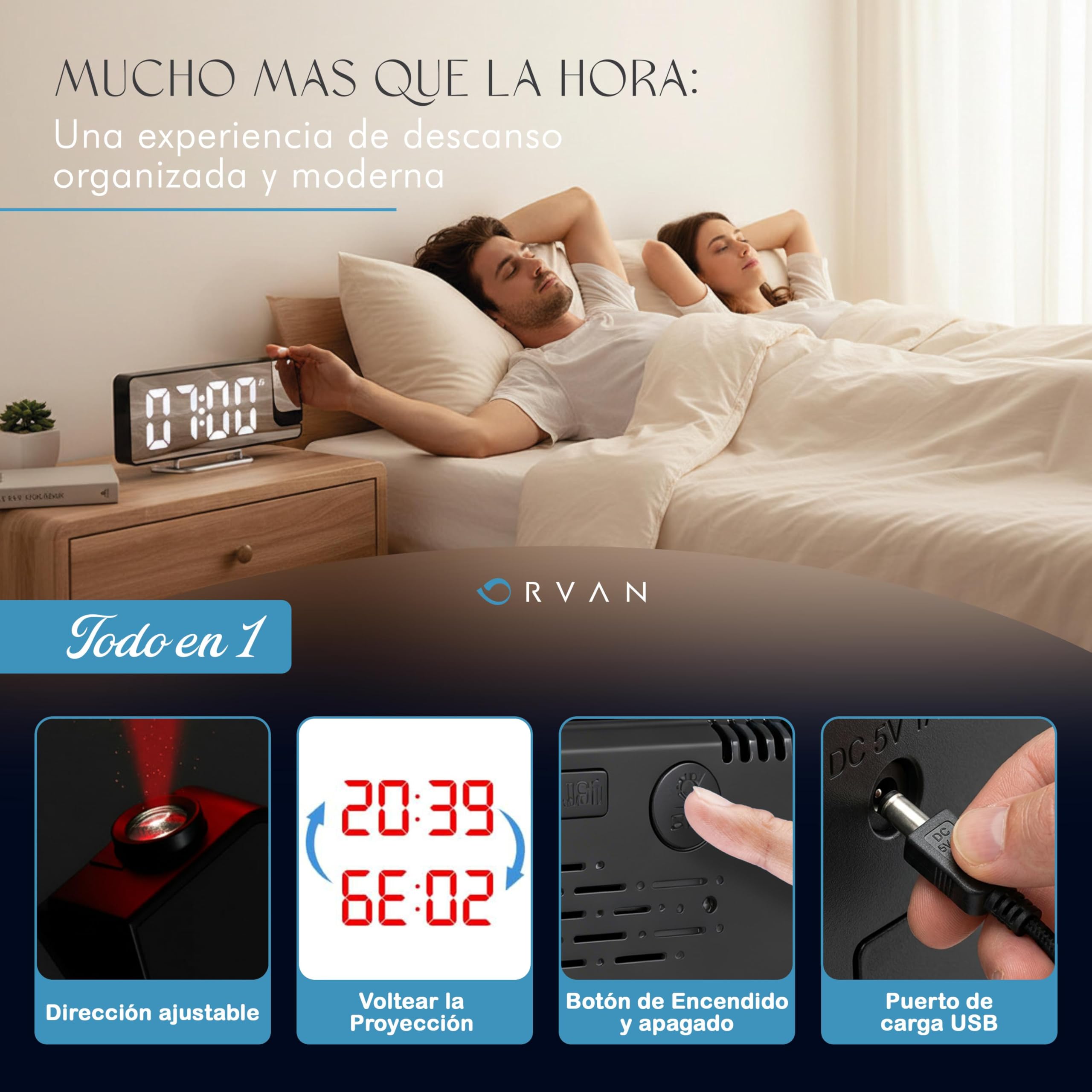 ORVAN® Reloj Proyector Techo Premium | Reloj Despertador Digital LED | Despertador Proyector Techo con Efecto Espejo | Reloj Despertador con Proyector | Doble Alarma | Tres Modos De Atenuación - 4