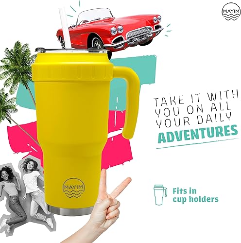 Miniatura 4 de Mayim Vaso de 40 onzas con asa, taza de café de viaje o botella de agua aislada con popote y tapa, termo de doble pared de acero inoxidable a prueba
