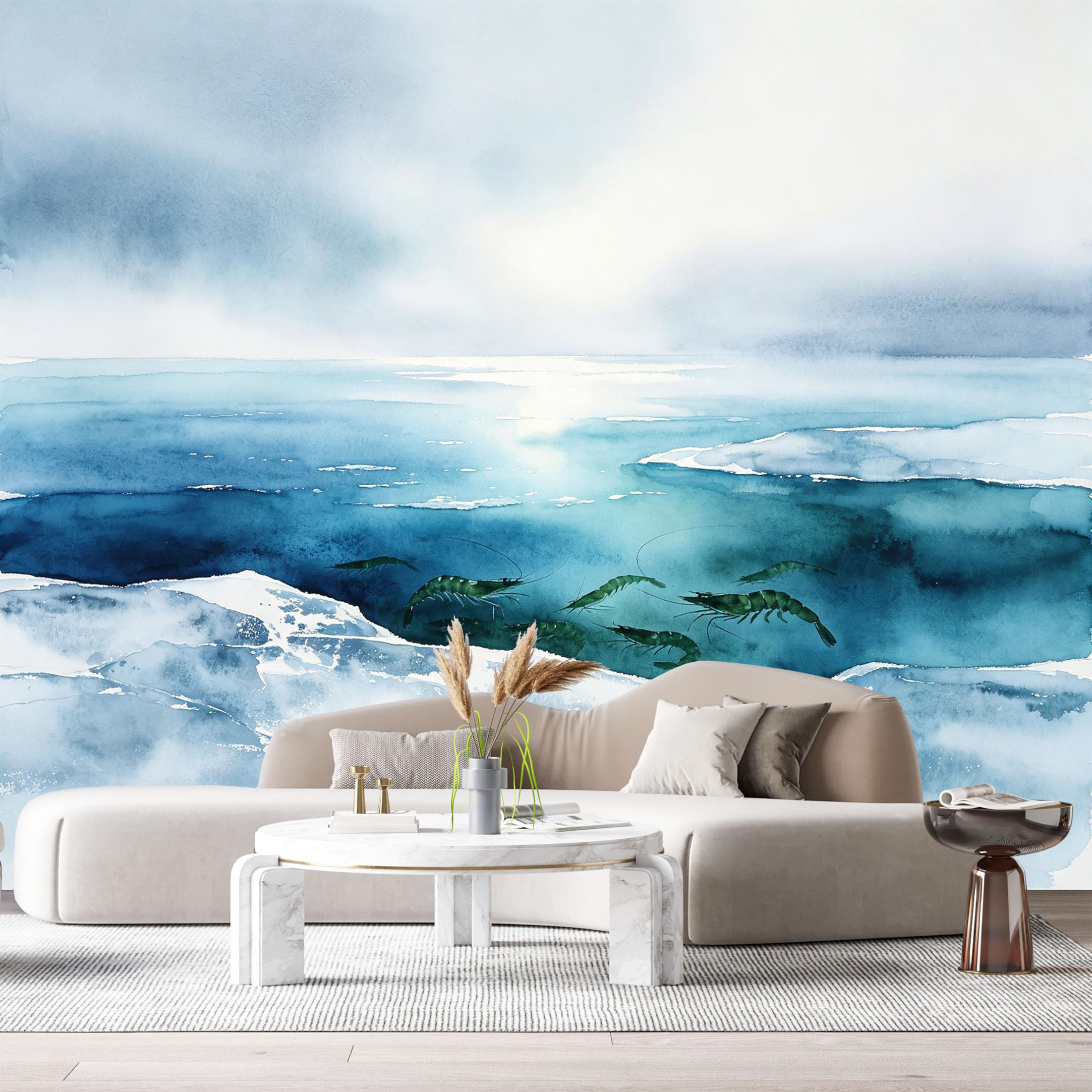 Custom Size Wall Murals Marine Ocean Watercolor Shrimp Deep Sea SelfAdhesiveWall Fabric Removable Wallpaper Wall Decor for Living Room Bedroom Bathroom