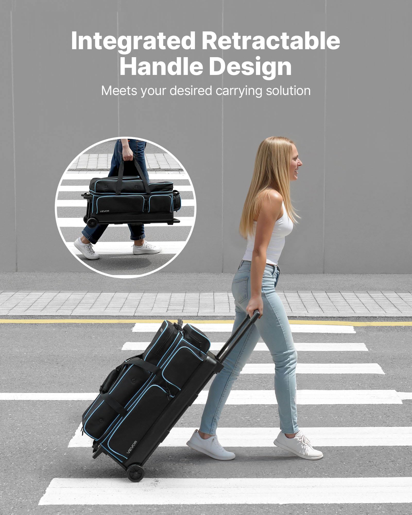 VEVOR Bolsa para 3 Bolas con Ruedas Dobles, Compartimento Separado para Zapatos hasta Talla 16 de EE. UU. y Bolsillo Extragrande para Accesorios. Asa Retráctil hasta 105 cm, 790 x 320 x 390 mm