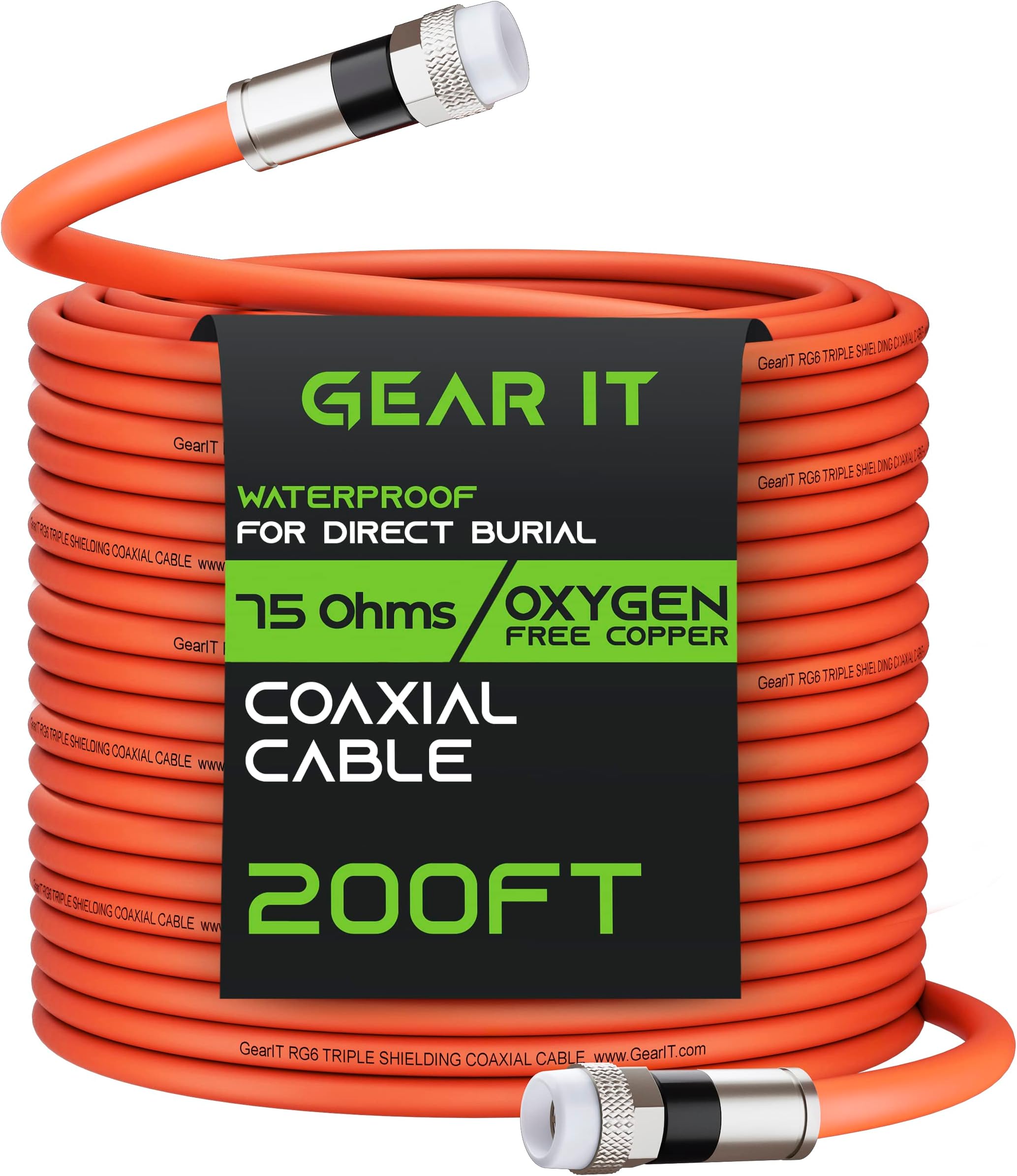 GearIT Coaxial Cable for Direct Burial (200ft) RG6 70 Ohm RF Rubber Boot Waterproof Underground in-Wall with Rubber Boot, High-Speed Internet, Broadband, Digital TV Aerial, Satellite Cable 200 Feet