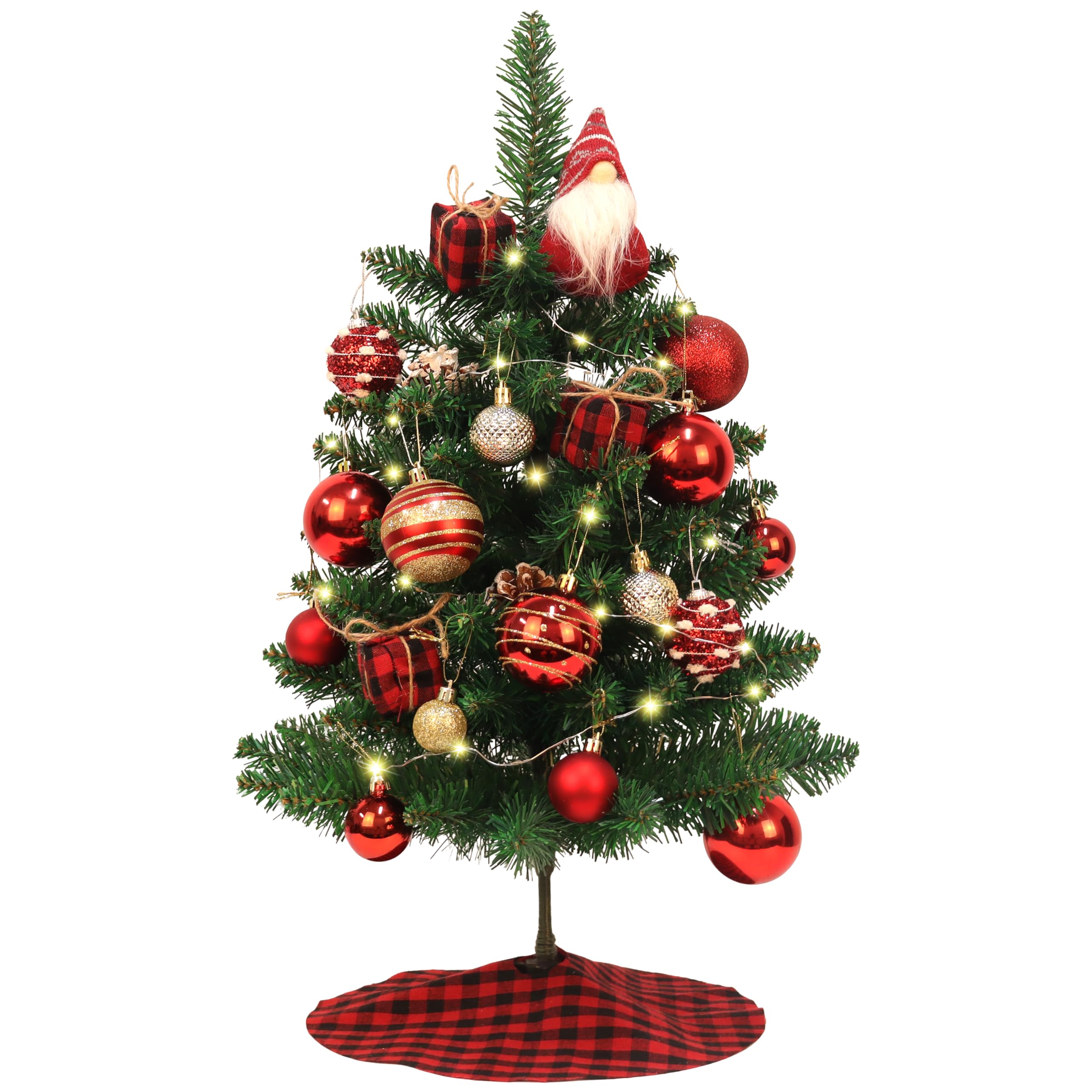 Mini Small Christmas Tree with Lights, 2ft Artificial Small Table Top Christmas Tree with Gnome, Ball Ornaments and Buffalo Plaid Tree Skirt, 24 Pcs DIY Xmas Trees Decor for Toddler, Kids