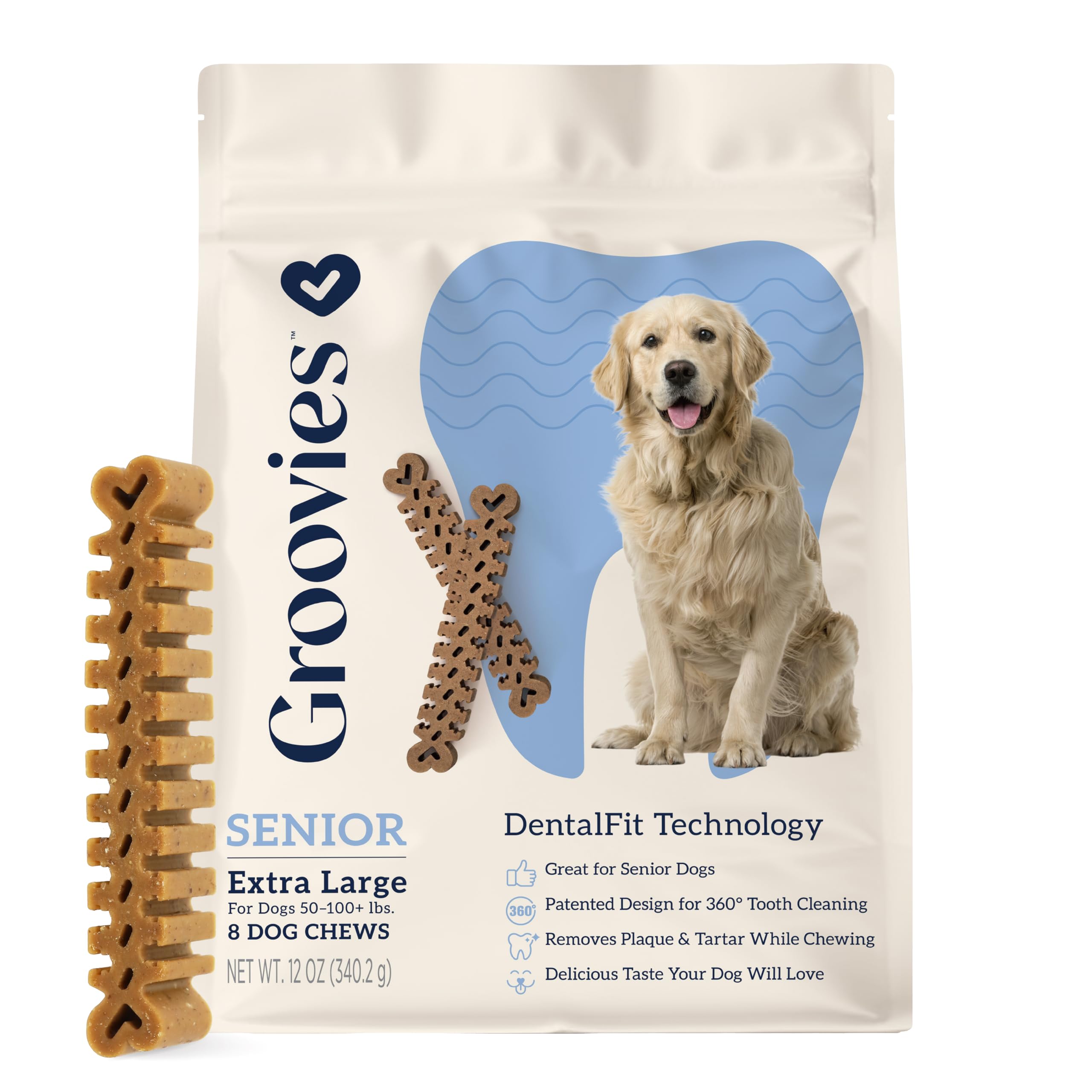 Groovies Senior & Gentle Chewers XLarge Dog Dental Chews, 50-100 lbs, 8Ct