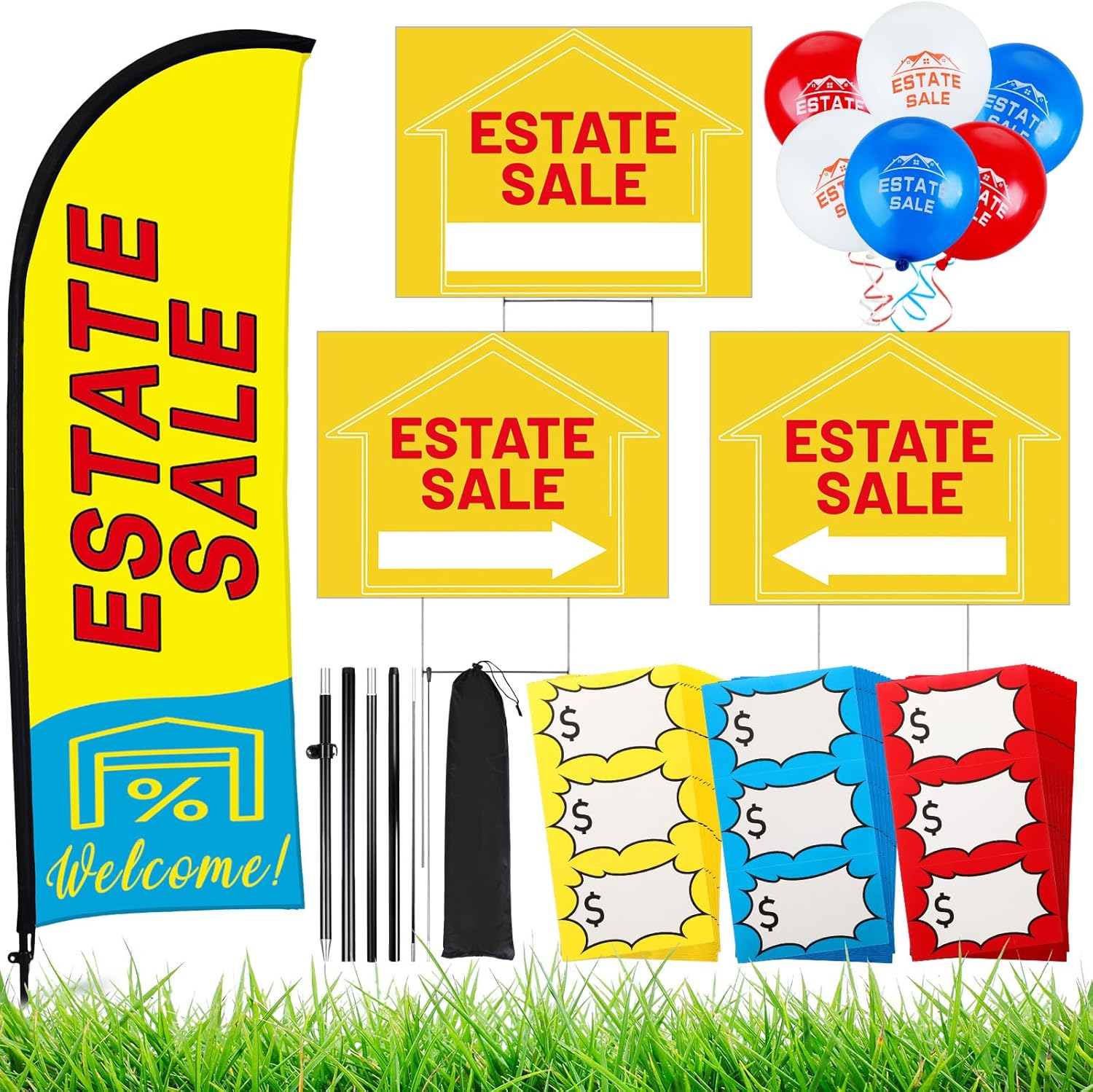 Buryeah 4 Pack Estate Sale Flag Signs Set, 1 Flag with Pole Kit, 3 Double Sided Arrows Signs with Metal H Stakes with Balloons Stickers for Real Estate Business(Yellow)
