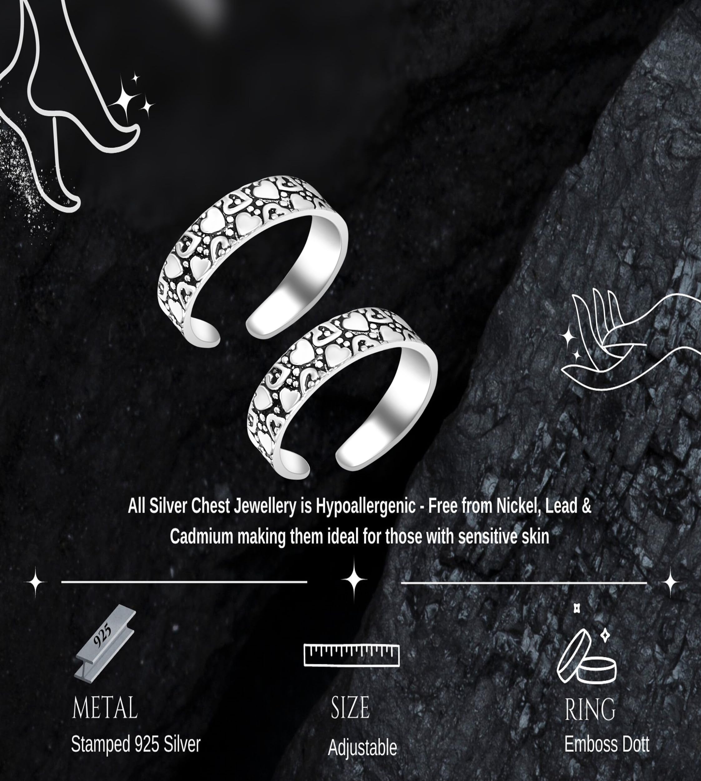 Stylish Sterling Oxidised Toe Rings with 3D Self Designs