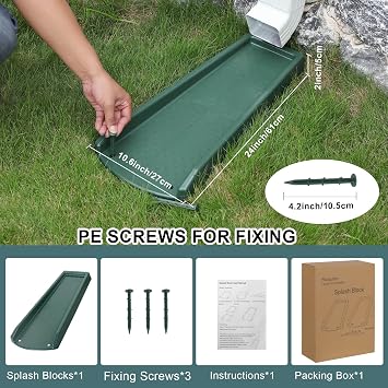 plusgutter Rain Gutter Downspout Splash Block, Gutter Downspout Extensions for Water Drainage, 24 Gutter Splash Guards Downspout Extender, Fixable Down spout Drain Trays with PE Nails(1 Pack, Green)