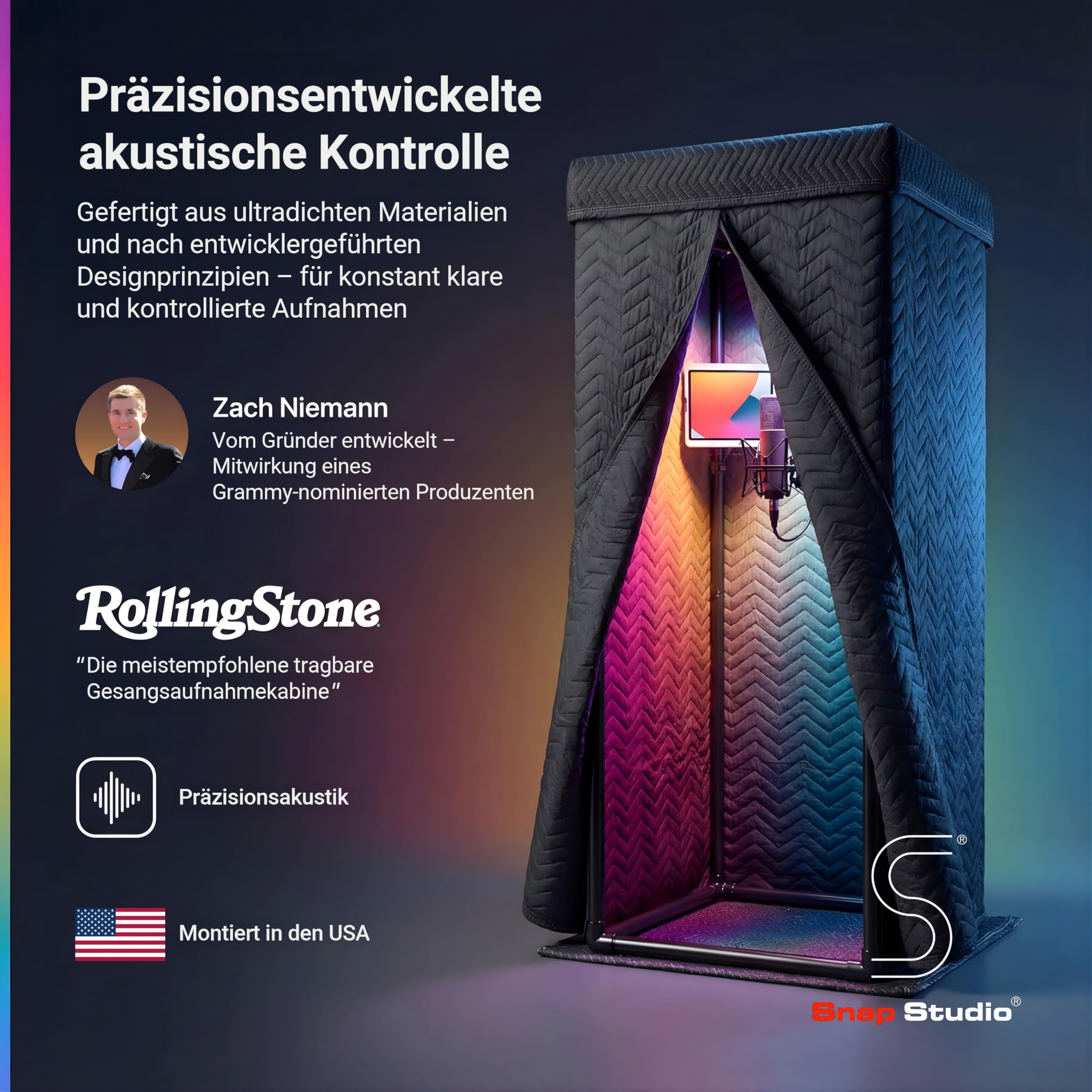 Snap Studio Vocal Booth – #1 empfohlene Studio-Soundkabine für die Aufnahme trockener, echofreier Gesang – 80% Reverb Reduktion & 360° Isolation – Cliphalterung, Lichter und Reisetasche im