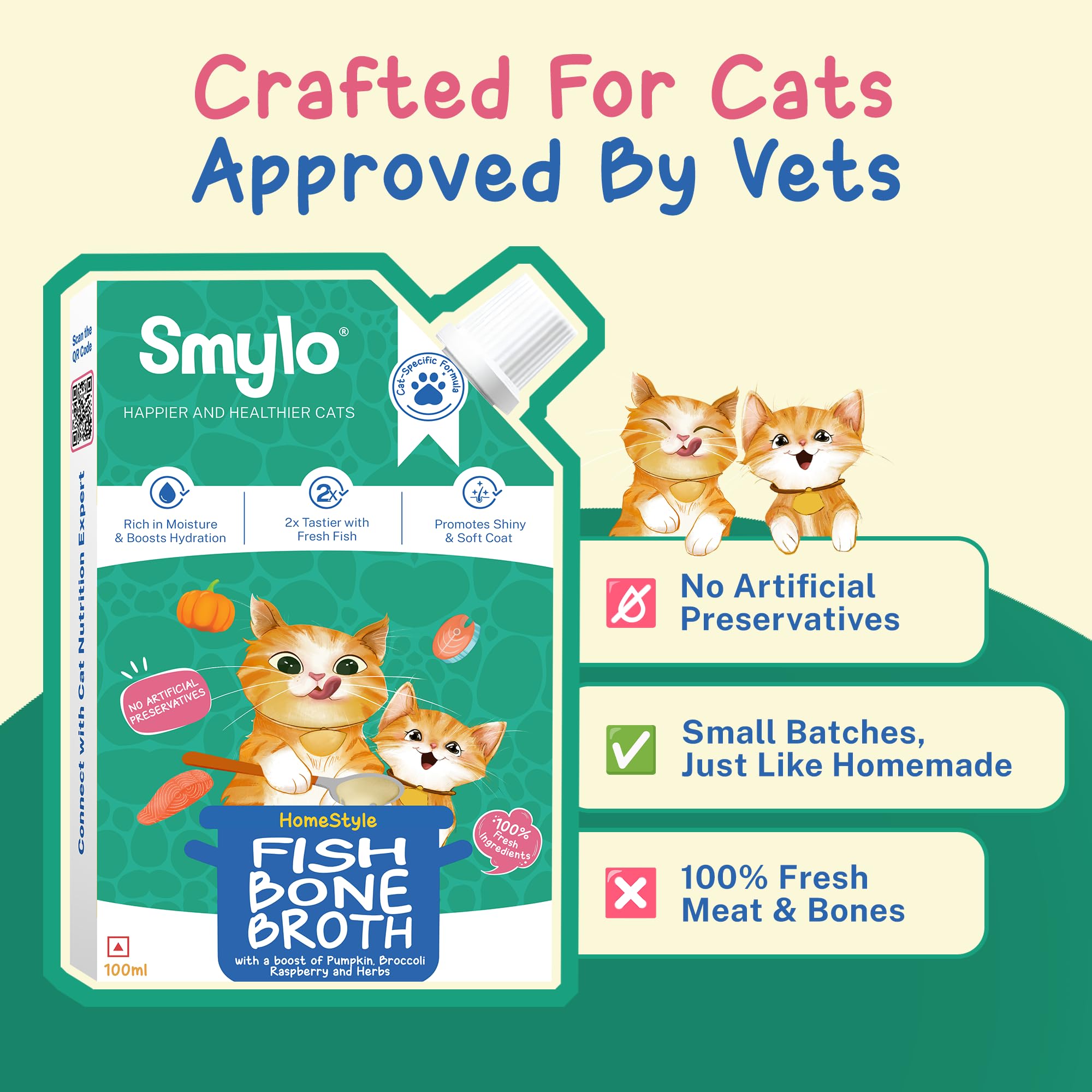 Smylo Summer Cooler, Hydration Rich Fish Bone Broth for Cats (100ml x 3 Packs) | Best with Dry Food | Rich in Collagen for Bones & Joints | Omega 3 & 6 for Shiny Fur & Coat | Cat Food Topper 2