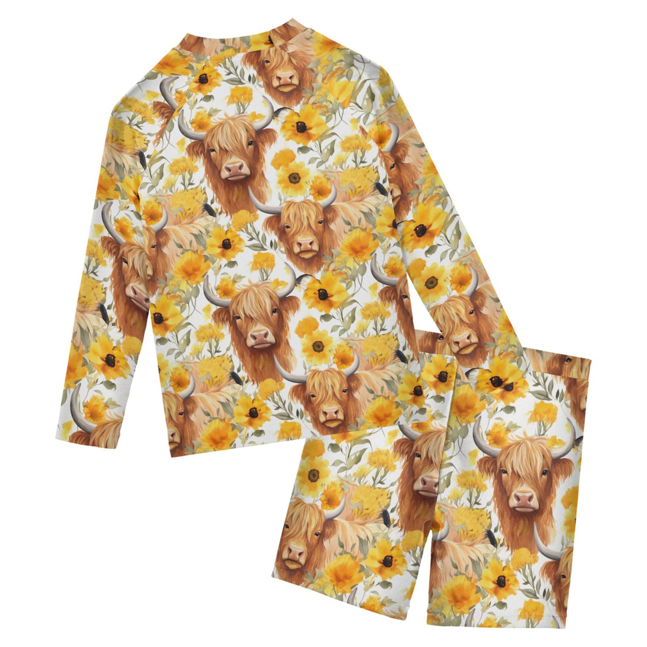Highland Cow Sunflower Animal Baby Boys' Toddler Long Sleeved Rashguard Swim Bathing Suit Set B0403258