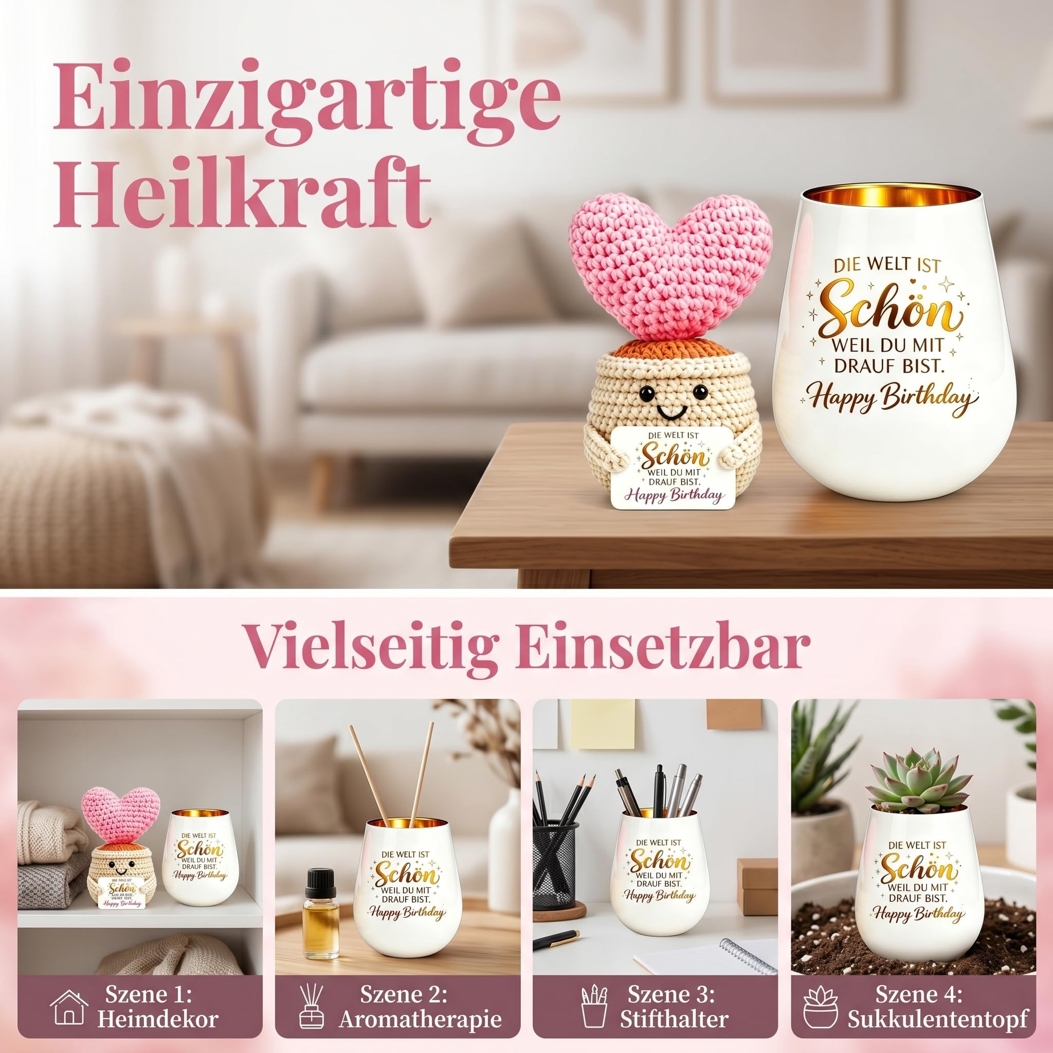 Geburtstagsgeschenk für Frauen, Windlicht mit Gravur und Gehäkelte Liebespuppe, Happy Birthday, Geschenk zum Geburtstag für Freundin, Mama, Oma, Schwester
