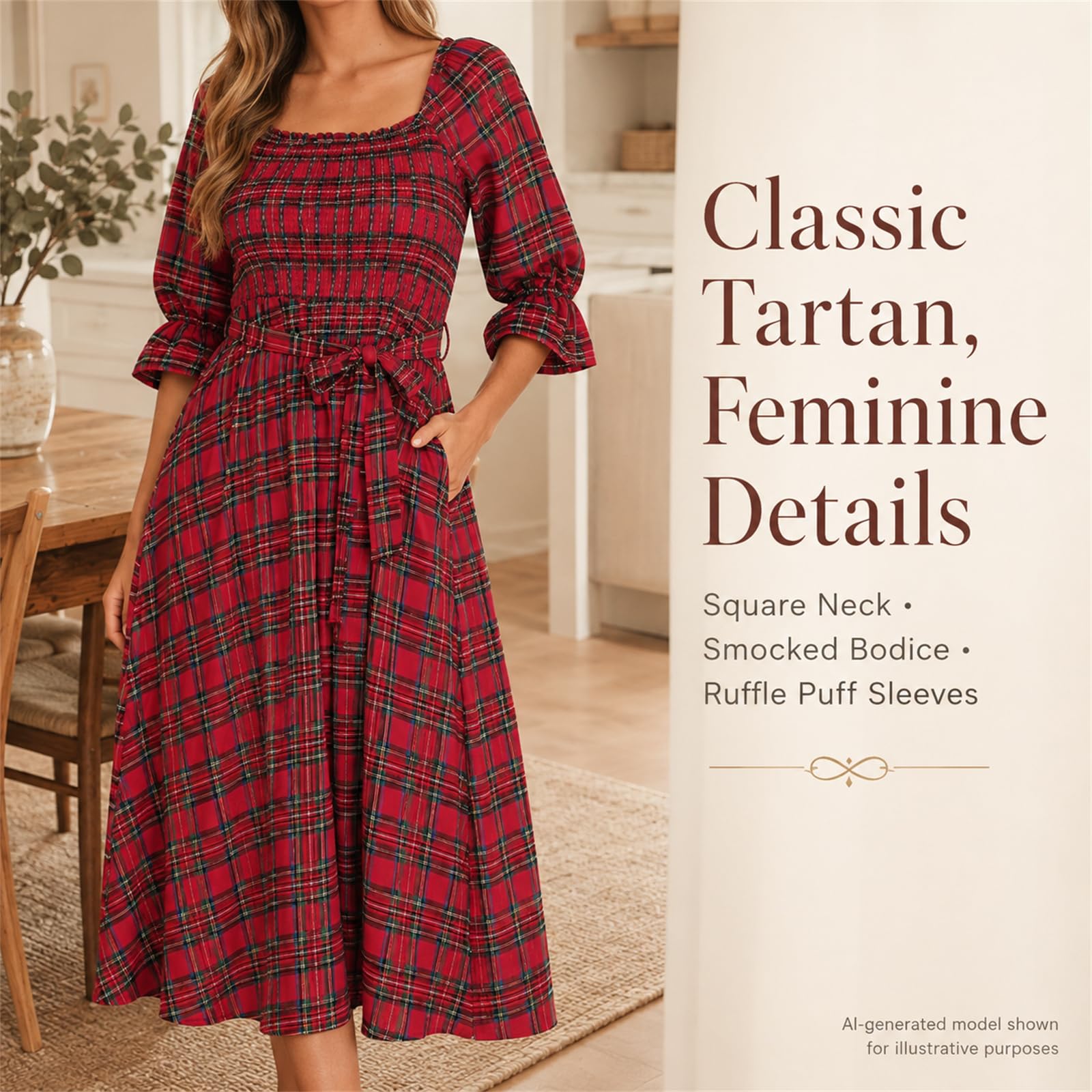 Robe midi Femme à Encolure carrée, smockée Ceinture Coupe trapèze et Poches | Robe midi trapèze à carreaux rouges, encolure carrée, smocks, ceinture à nouer poches latérales, manches bouffantes à volants