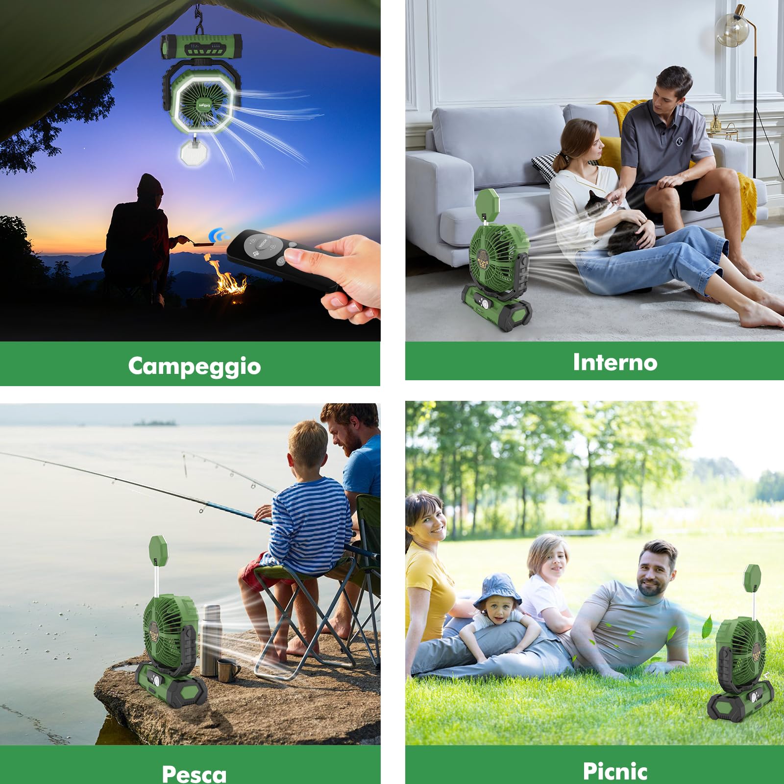 Ventilatore da Campeggio con Luce, Alimentazione a Batteria 20000mAh, Ventilatore Portatile Ricaricabile con Telecomando e Gancio Rotante a 360°, 4 Velocità per Interni, Viaggi, Camper (Verde)