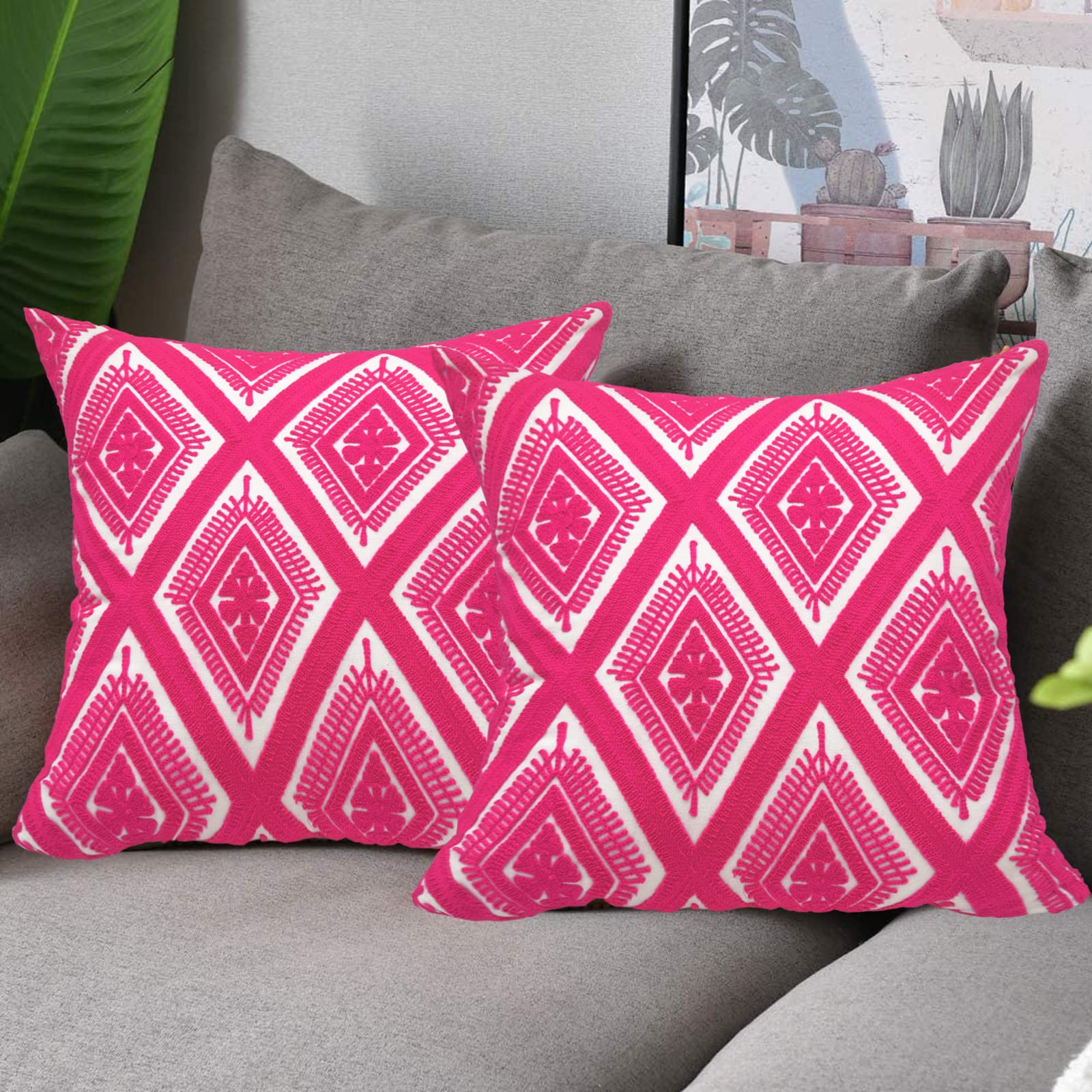 Alysheer Juego de 2 fundas de almohada decorativas bordadas de 18 x 18 pulgadas, estilo bohemio, geométrico, moderno, elegante, clásico, de algodón, para sofá, cama, sala de estar (rosa intenso)