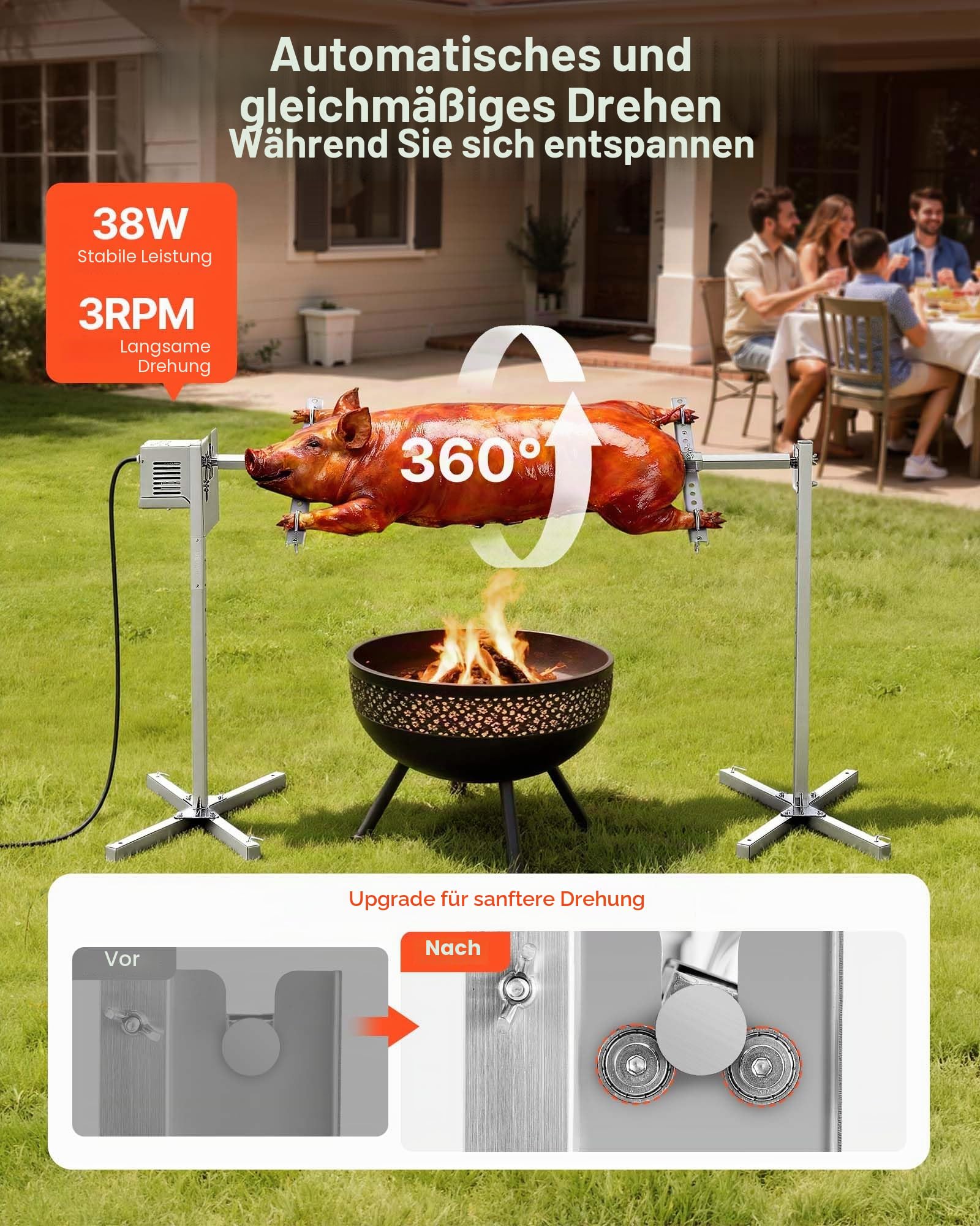 VEVOR Spanferkelgrill Lammgrill Spießbratengrill 1321 mm Rotisserie-Grill AC 220-240 V, 8-stufiges elektrisches Rotisserie-Grill-Set mit 40 kg Tragkraft, 38 W Motor Grillset für Partys