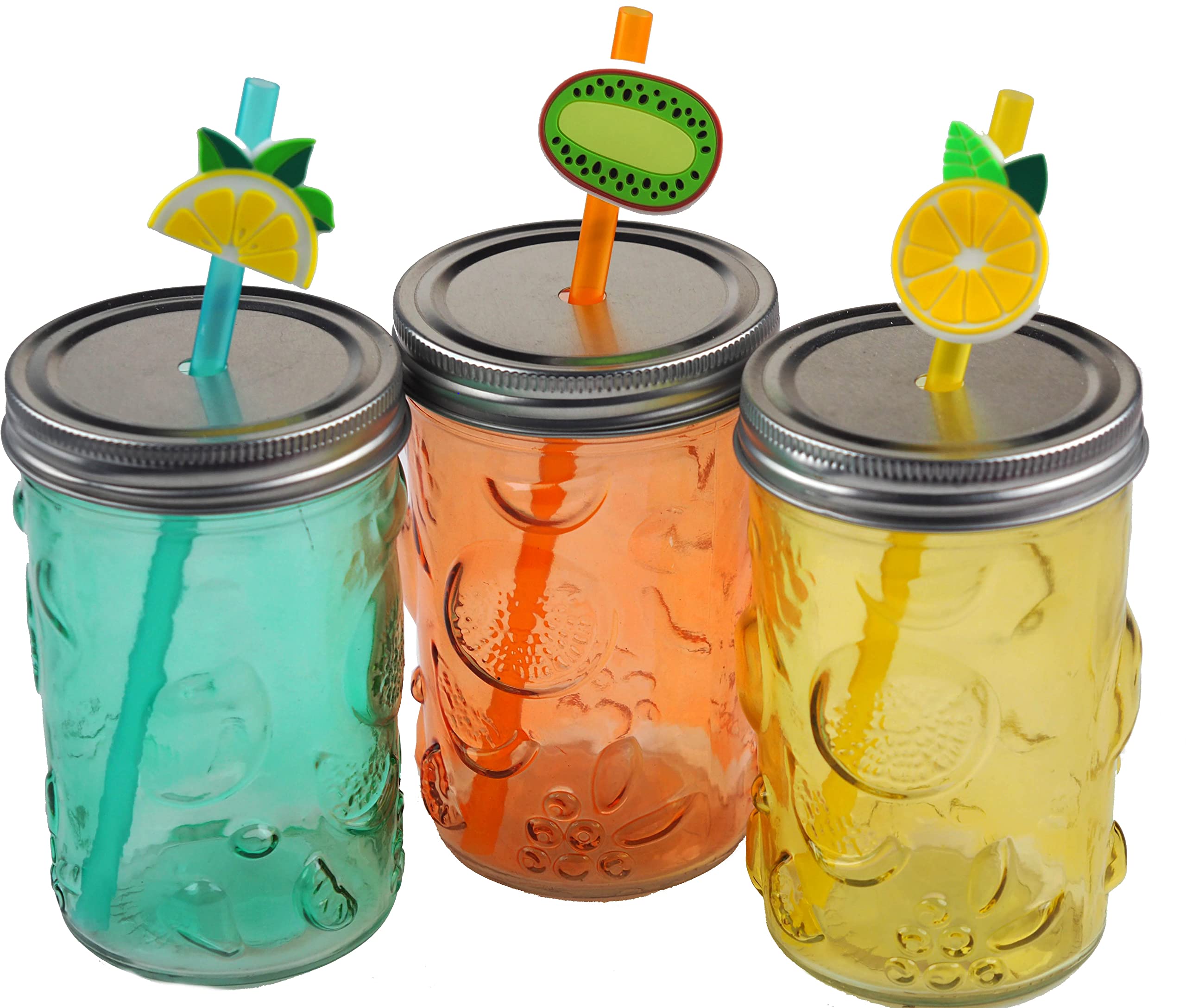 BWG Glass Drinking Mason Jars w/Lid & Straw - Citrus Fruits (Set of 3)