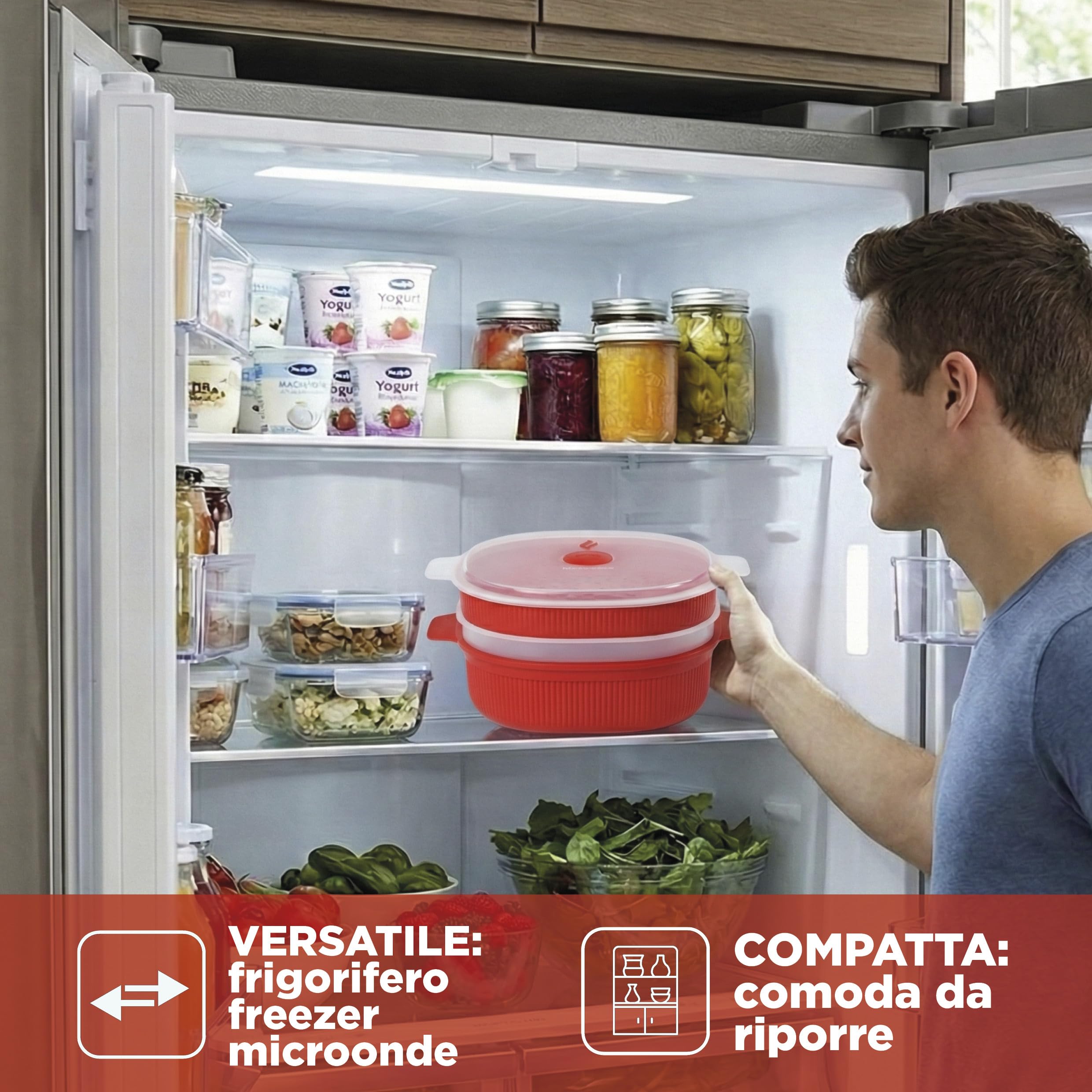 Snips - Vaporiera Microonde Rossa 4L con 2 Vassoi Sovrapponibili per Doppia Cottura a Vapore, Contenitori per Alimenti - Contenitore per Microonde, 26.5x22x13.5 cm, Made in Italy
