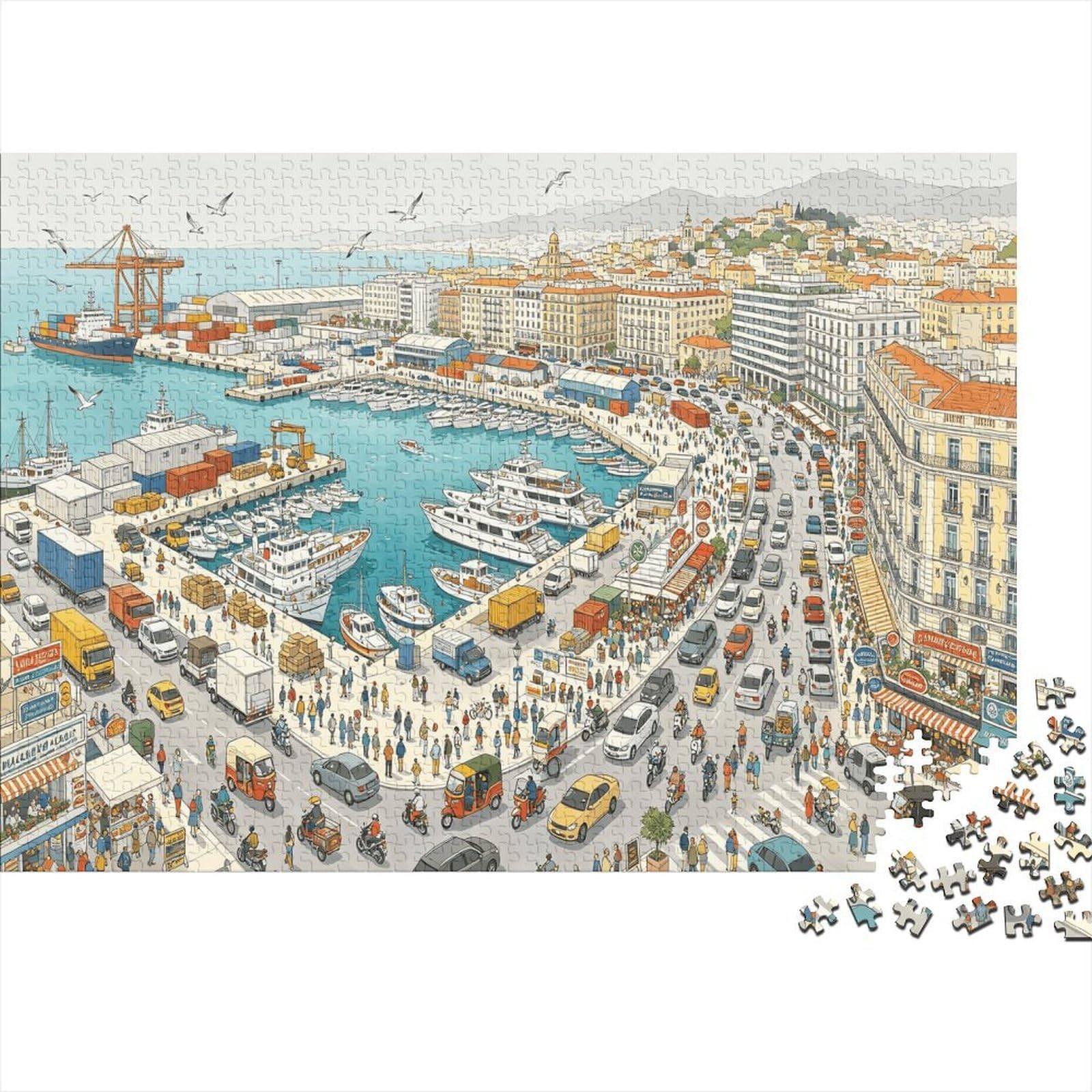 City Harbor 1000 Piece Jigsaw Puzzle Recyclable Paper Busy Streets Senior Puzzles Party Game Props Great Gift Idea for Women And Men Both 52x38cm/1000pcs