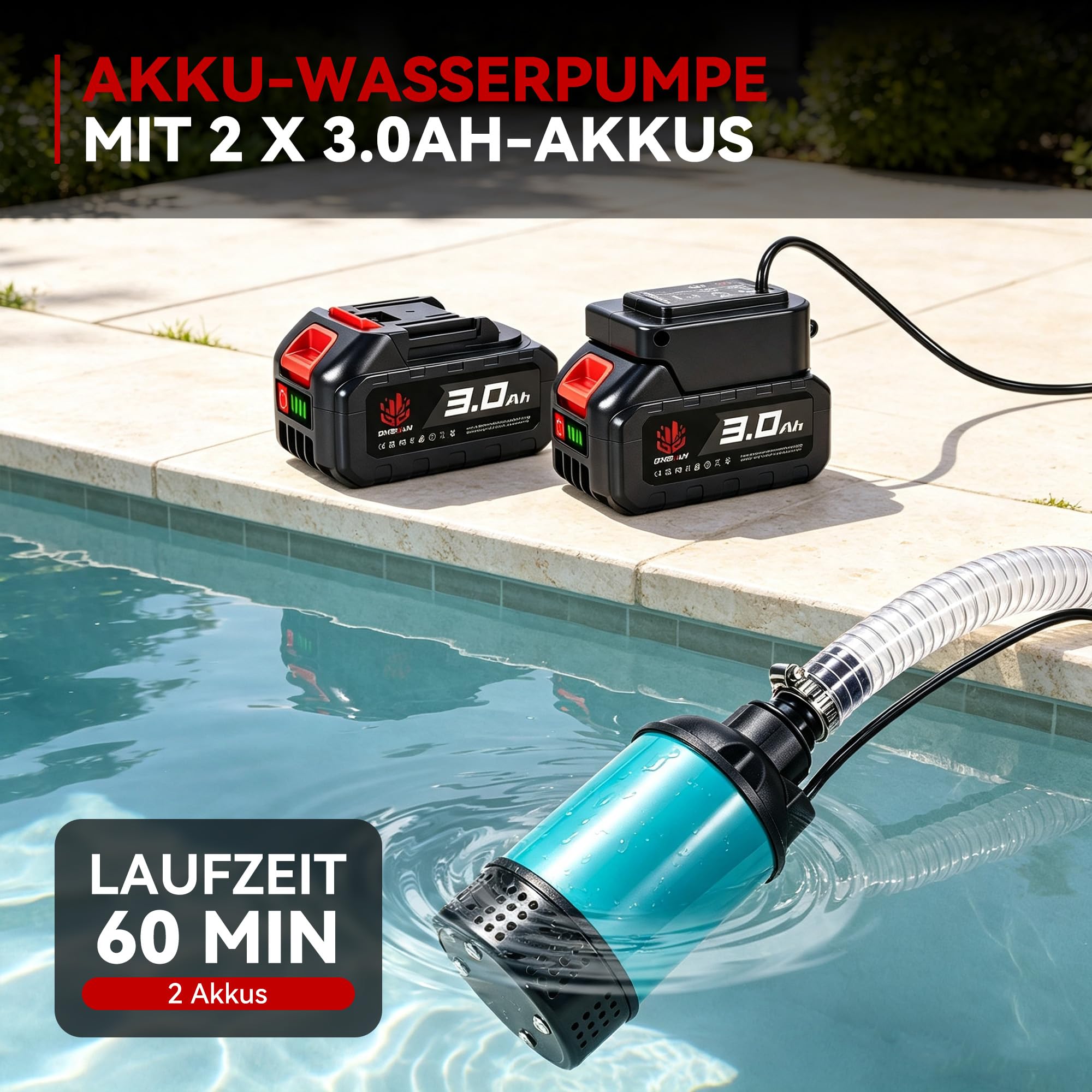 ONEVAN 4164L/H Bomba de agua sumergible 2x3.0Ah batería y manguera 2m para | 60 minutos autonomía, vacía una bañera de 1100 litros en 16 minutos, motor sin escobillas, para piscinas, jardines y jacuzzis