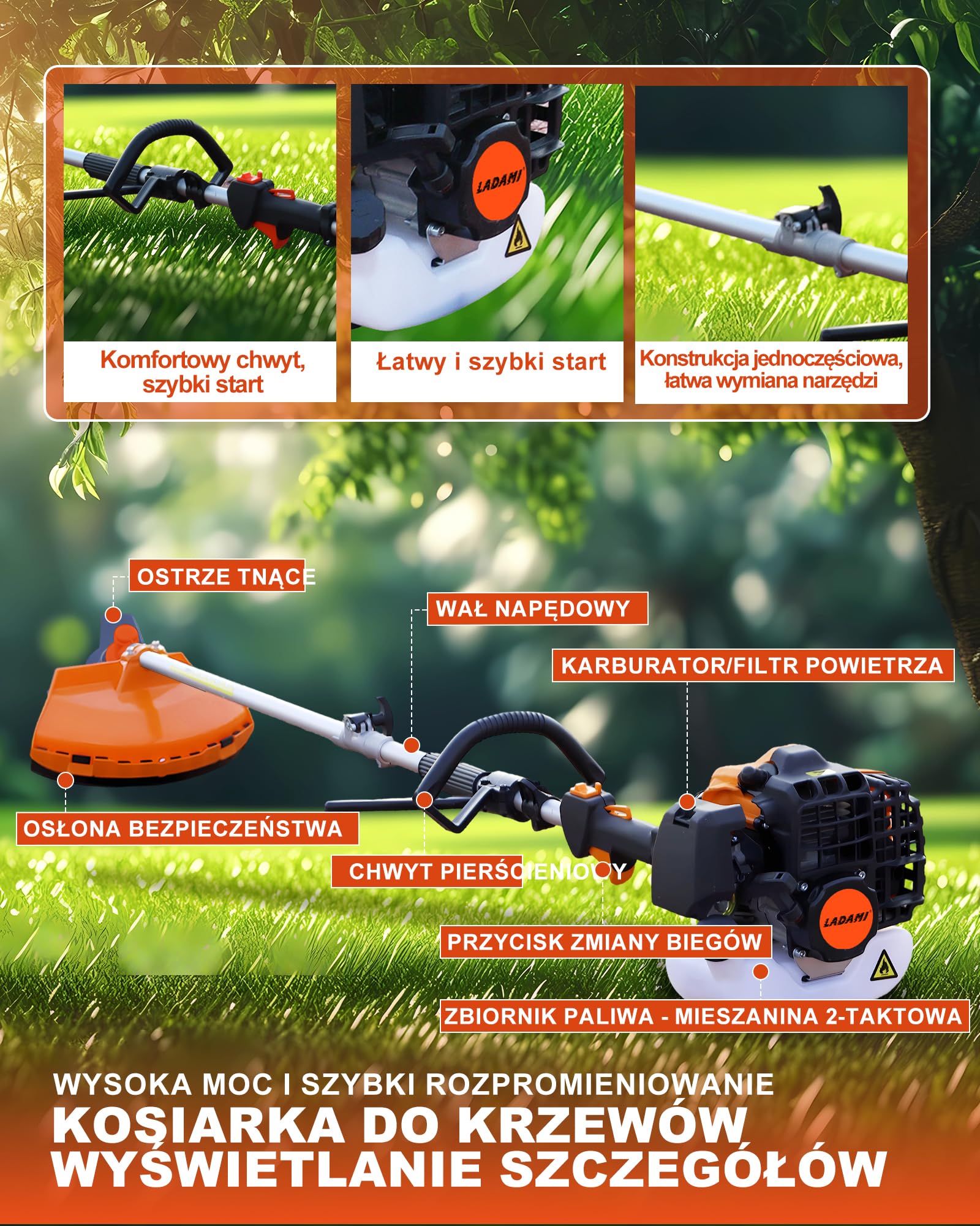 Kosa spalinowa 52 cm³, 2-suwowa, z trymerem benzynowym i podkaszarką, nożyce do żywopłotu, piła łańcuchowa 3 KM, 2-suwowe urządzenie ogrodowe, wydajne i energooszczędne