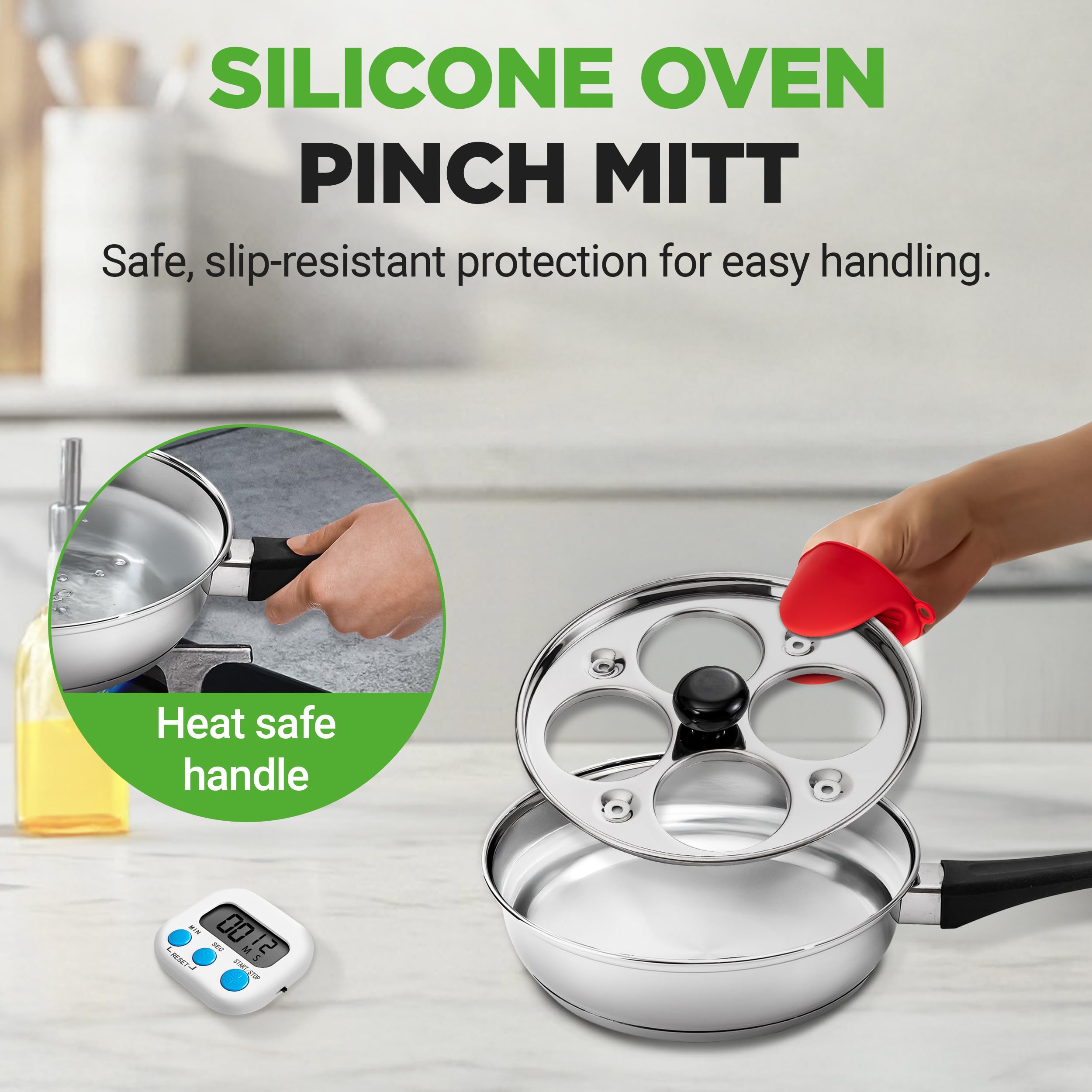 NutriChef Cuoci Uova 20 cm in Acciaio Inox, Set per Uova in Camicia con 4 Coppette Antiaderenti, Coperchio in Vetro, Timer, Guanto Forno e Spatola, Compatibile Induzione, Argento