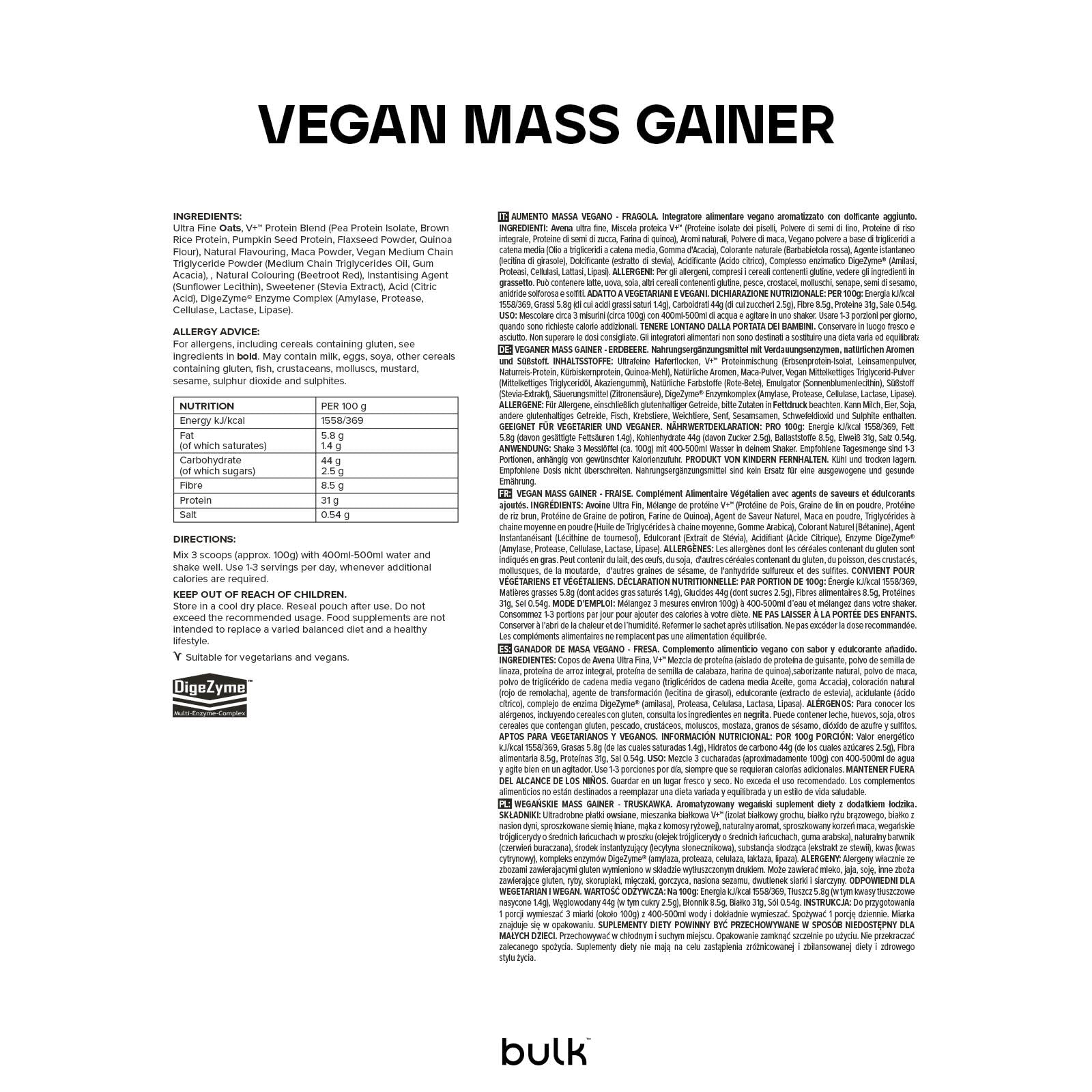 Bulk Aumento Massa Vegano, Proteine in polvere di origine vegetale, gainer di peso, Fragola, 2.5kg, 25 porzioni