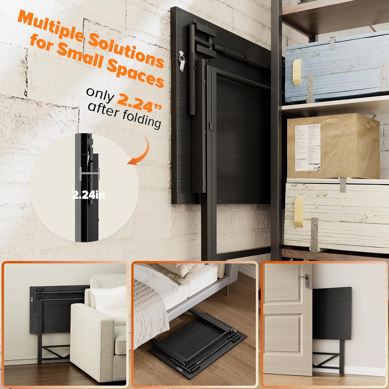 WOHOMO Folding Computer Desk with Adjustable Height, 23.6" x 31.5" x 25.6" Foldable Table with Monitor Stand, Small Office Desk for Bedroom, Space Saving Desk for Home Office, Easy Assemble, Black