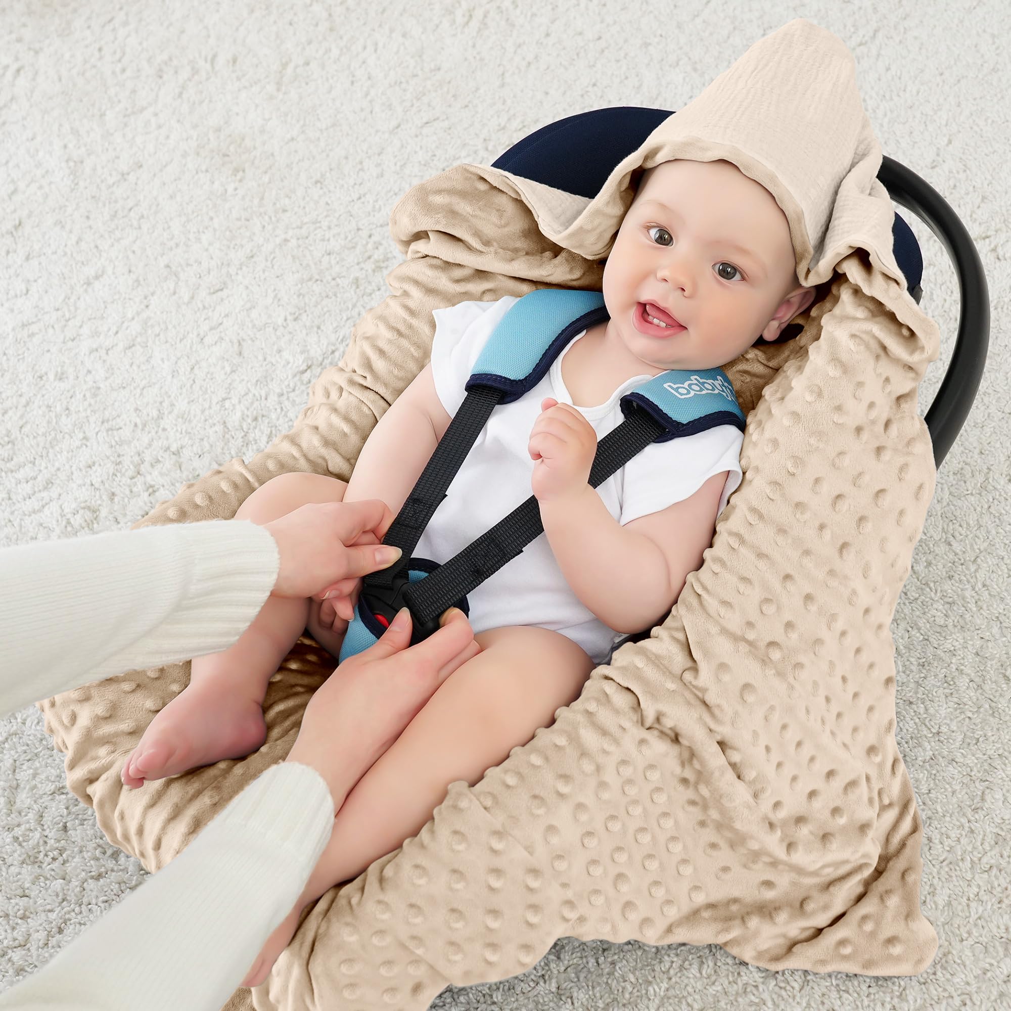 Susurration Wikkeldeken voor baby's, 90 x 90 cm, kinderwagen en kinderzitjes, universeel, babydeken voor pasgeborenen en peuters, inslagdeken, stip, riem (rijstwit