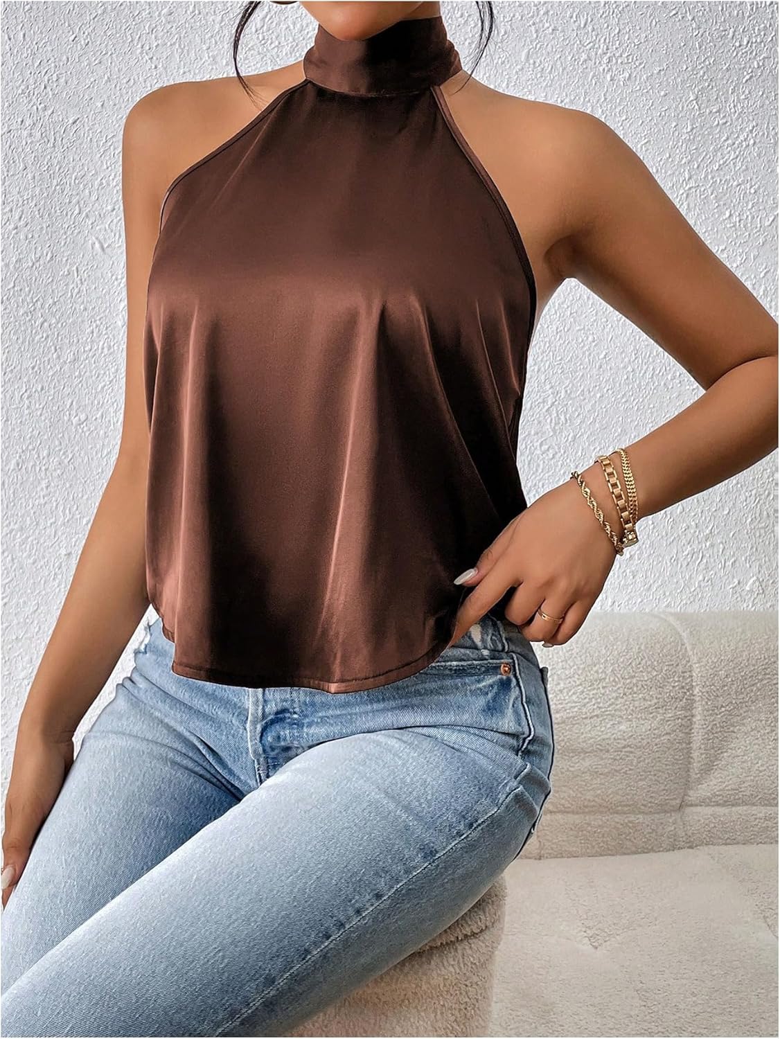 MAKEMECHIC Women's Satin Silk Halter High Neck Tops Backless Sleeveless Camisole Party Club Classy Going Out Top - Image 5