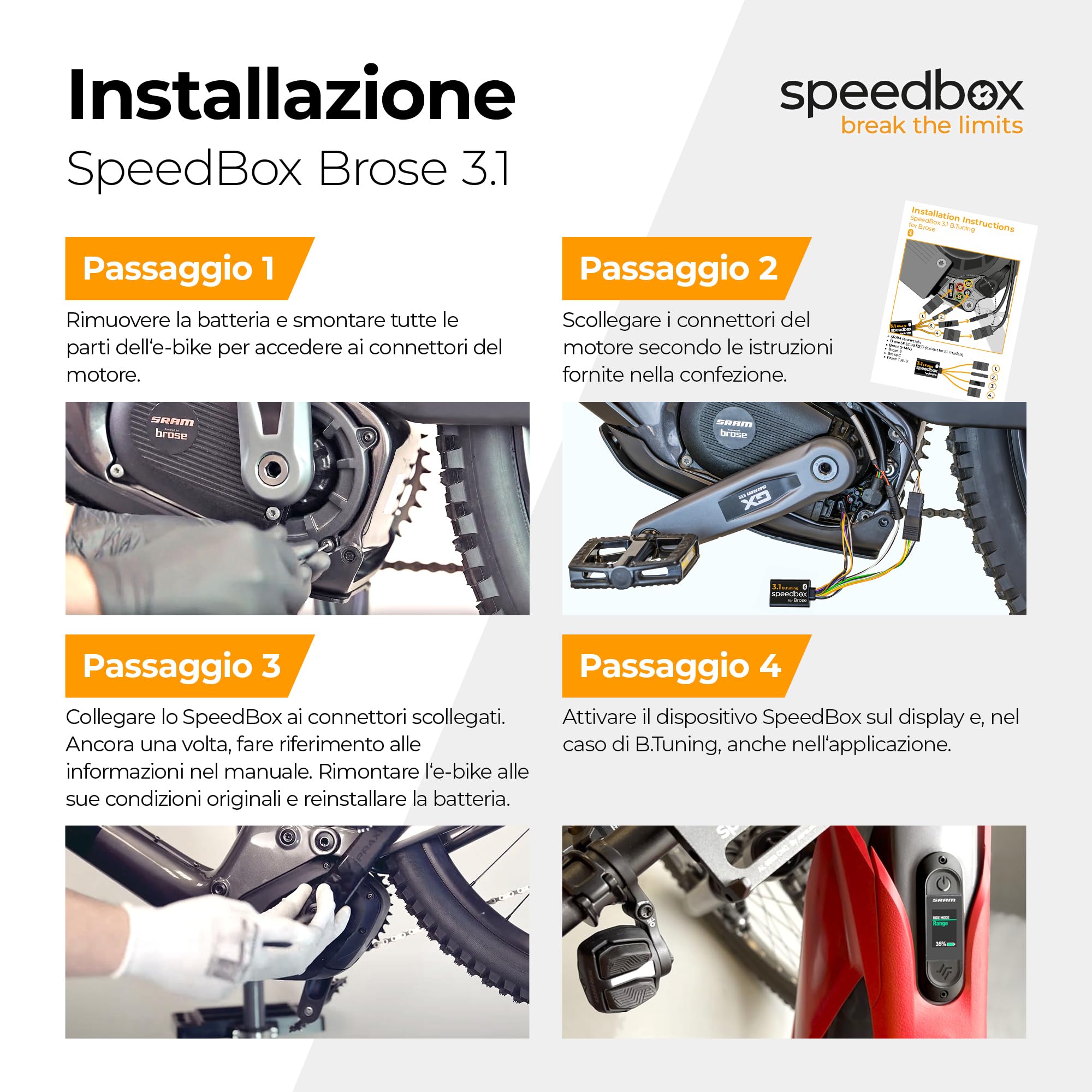 SpeedBox 3.1 compatibile con Brose/Specialized/SRAM Powertrain/Kit di tuning per E-Bike/Velocità illimitata/Valori reali/Velocità regolabile